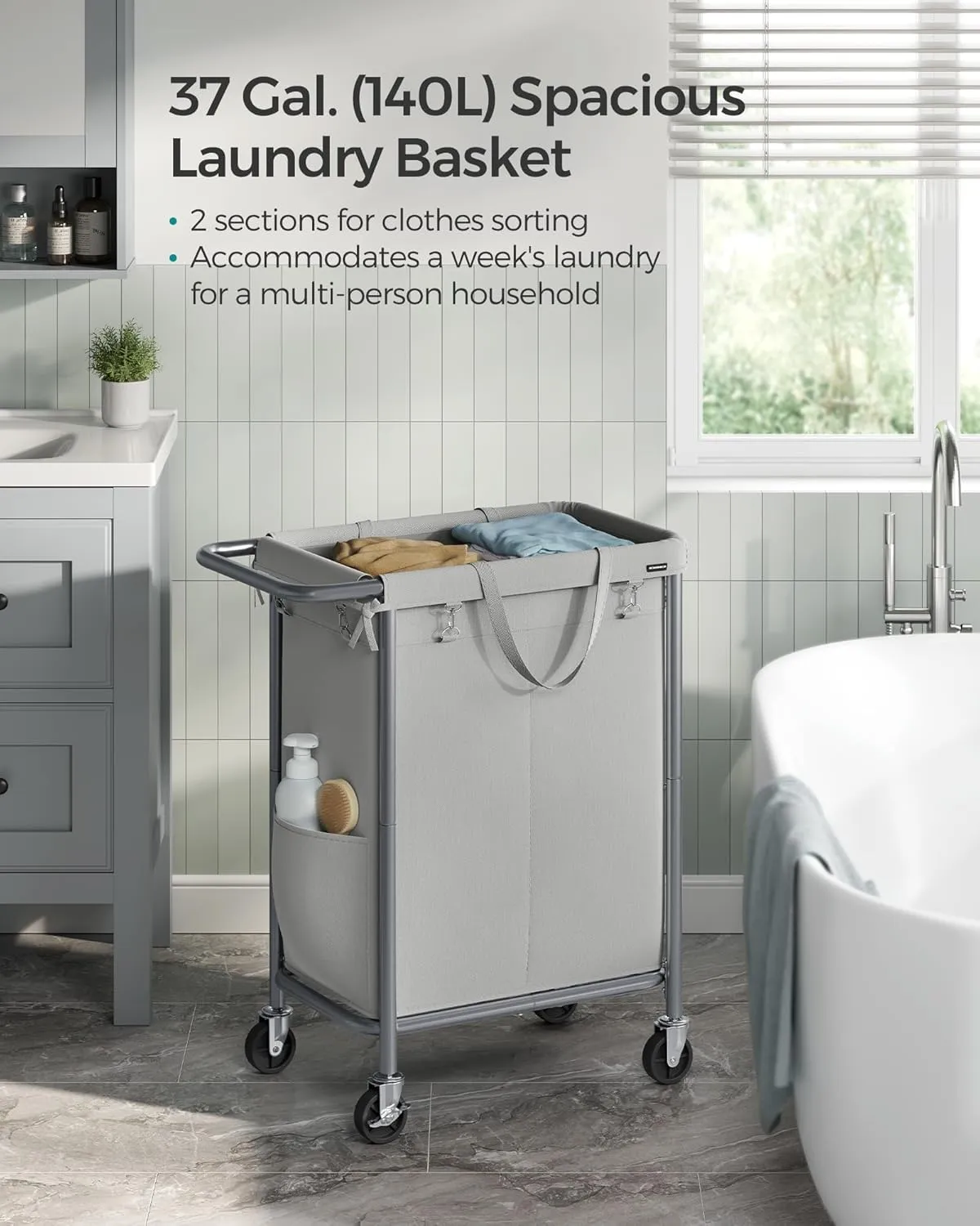 SONGMICS Laundry Basket with Wheels, 2-Section Rolling Laundry Hamper, 37 Gallons (140L), Removable Liner, Steel Frame with Handle, Blanket Storage, 27.2 x 15.4 x 31.9 Inches, Dove Grey URLS004G01