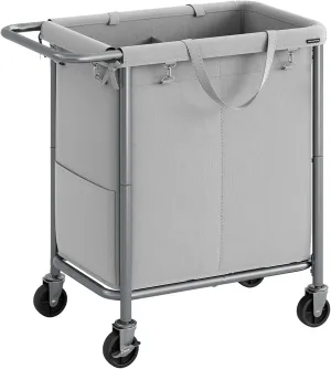 SONGMICS Laundry Basket with Wheels, 2-Section Rolling Laundry Hamper, 37 Gallons (140L), Removable Liner, Steel Frame with Handle, Blanket Storage, 27.2 x 15.4 x 31.9 Inches, Dove Grey URLS004G01