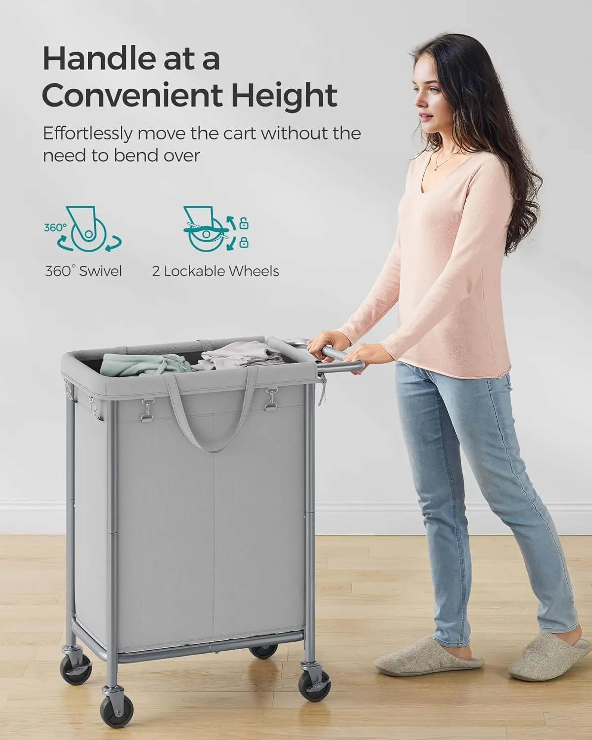 SONGMICS Laundry Basket with Wheels, 2-Section Rolling Laundry Hamper, 37 Gallons (140L), Removable Liner, Steel Frame with Handle, Blanket Storage, 27.2 x 15.4 x 31.9 Inches, Dove Grey URLS004G01