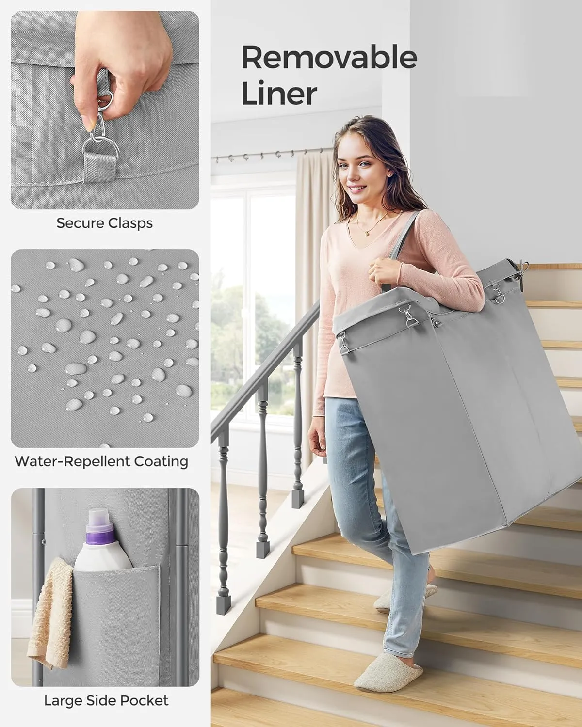 SONGMICS Laundry Basket with Wheels, 2-Section Rolling Laundry Hamper, 37 Gallons (140L), Removable Liner, Steel Frame with Handle, Blanket Storage, 27.2 x 15.4 x 31.9 Inches, Dove Grey URLS004G01