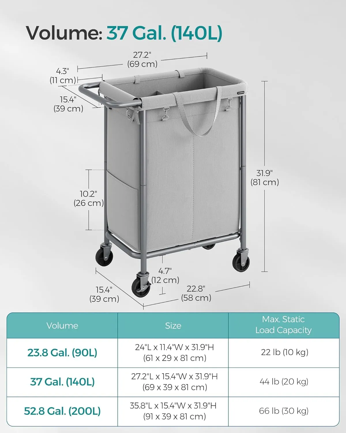 SONGMICS Laundry Basket with Wheels, 2-Section Rolling Laundry Hamper, 37 Gallons (140L), Removable Liner, Steel Frame with Handle, Blanket Storage, 27.2 x 15.4 x 31.9 Inches, Dove Grey URLS004G01