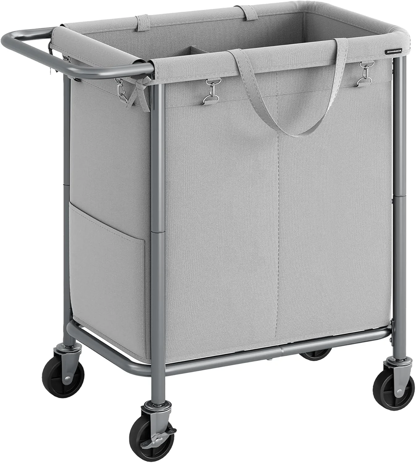 SONGMICS Laundry Basket with Wheels, 2-Section Rolling Laundry Hamper, 37 Gallons (140L), Removable Liner, Steel Frame with Handle, Blanket Storage, 27.2 x 15.4 x 31.9 Inches, Dove Grey URLS004G01