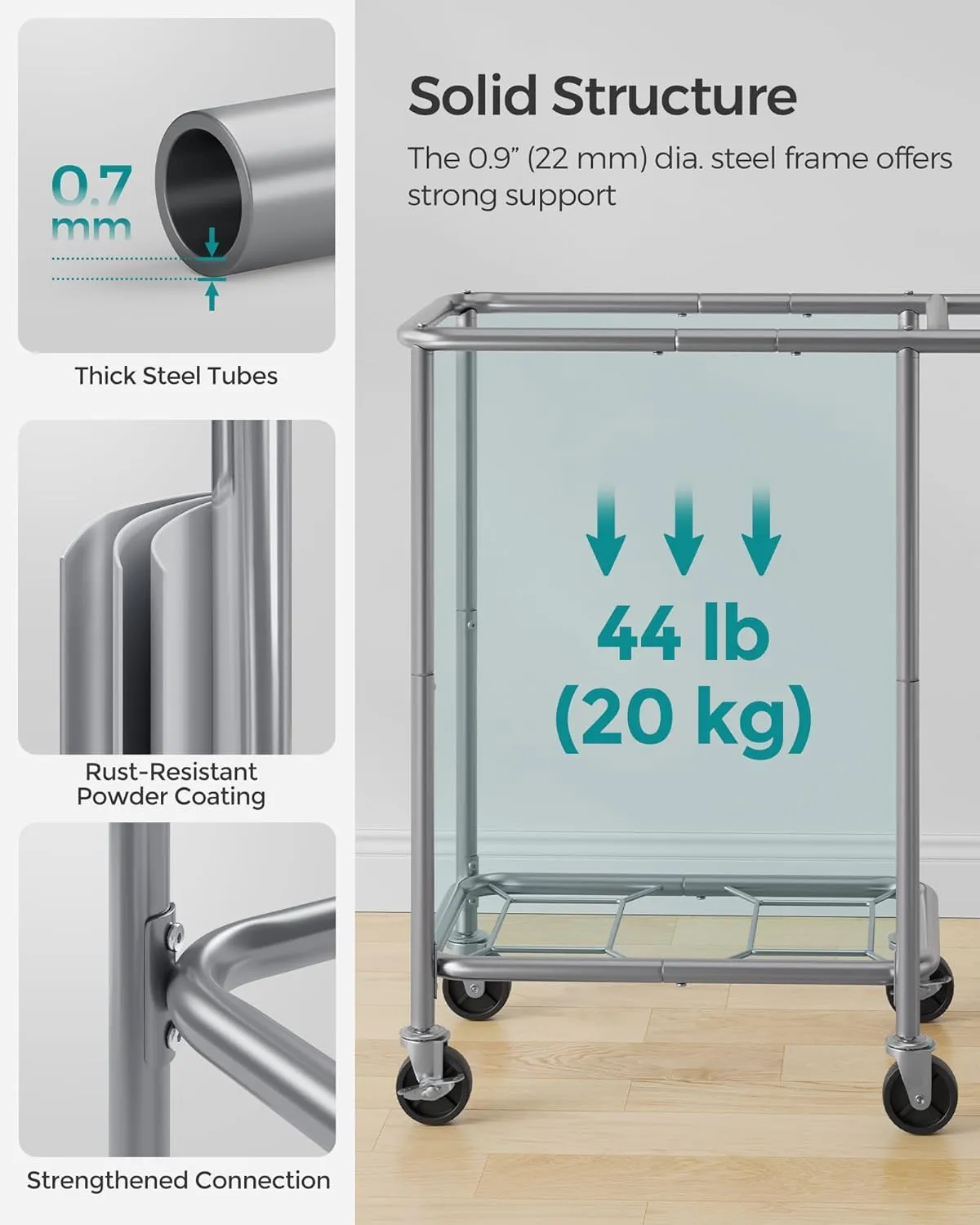 SONGMICS Laundry Basket with Wheels, 2-Section Rolling Laundry Hamper, 37 Gallons (140L), Removable Liner, Steel Frame with Handle, Blanket Storage, 27.2 x 15.4 x 31.9 Inches, Dove Grey URLS004G01