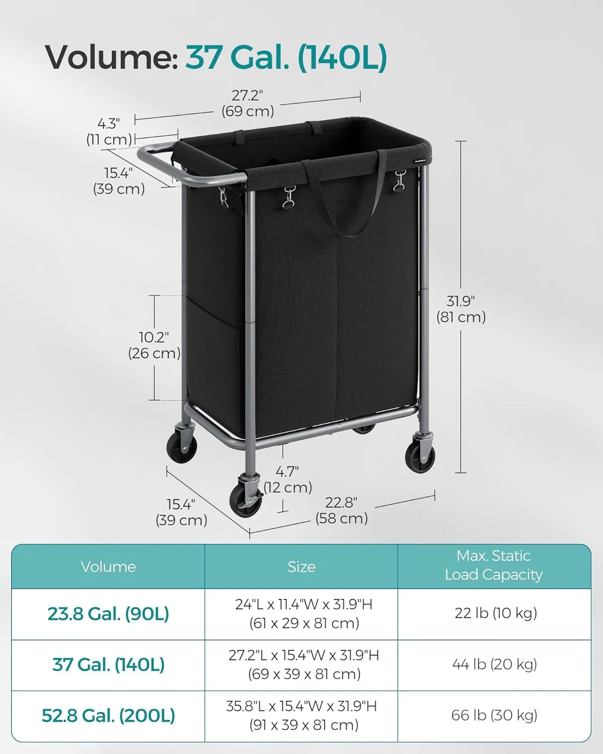 SONGMICS Laundry Basket with Wheels, 2-Section Rolling Laundry Hamper, 37 Gallons (140L), Removable Liner, Steel Frame with Handle, Blanket Storage, 27.2 x 15.4 x 31.9 Inches, Ink Black URLS004B01
