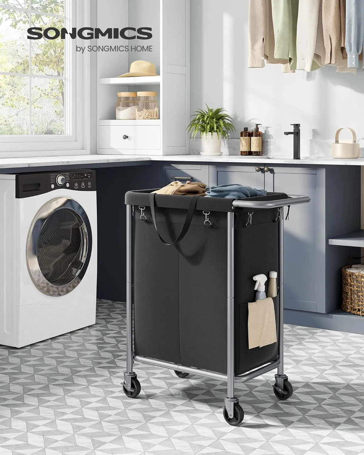 SONGMICS Laundry Basket with Wheels, 2-Section Rolling Laundry Hamper, 37 Gallons (140L), Removable Liner, Steel Frame with Handle, Blanket Storage, 27.2 x 15.4 x 31.9 Inches, Ink Black URLS004B01