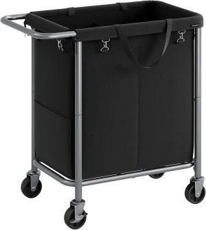 SONGMICS Laundry Basket with Wheels, 2-Section Rolling Laundry Hamper, 37 Gallons (140L), Removable Liner, Steel Frame with Handle, Blanket Storage, 27.2 x 15.4 x 31.9 Inches, Ink Black URLS004B01
