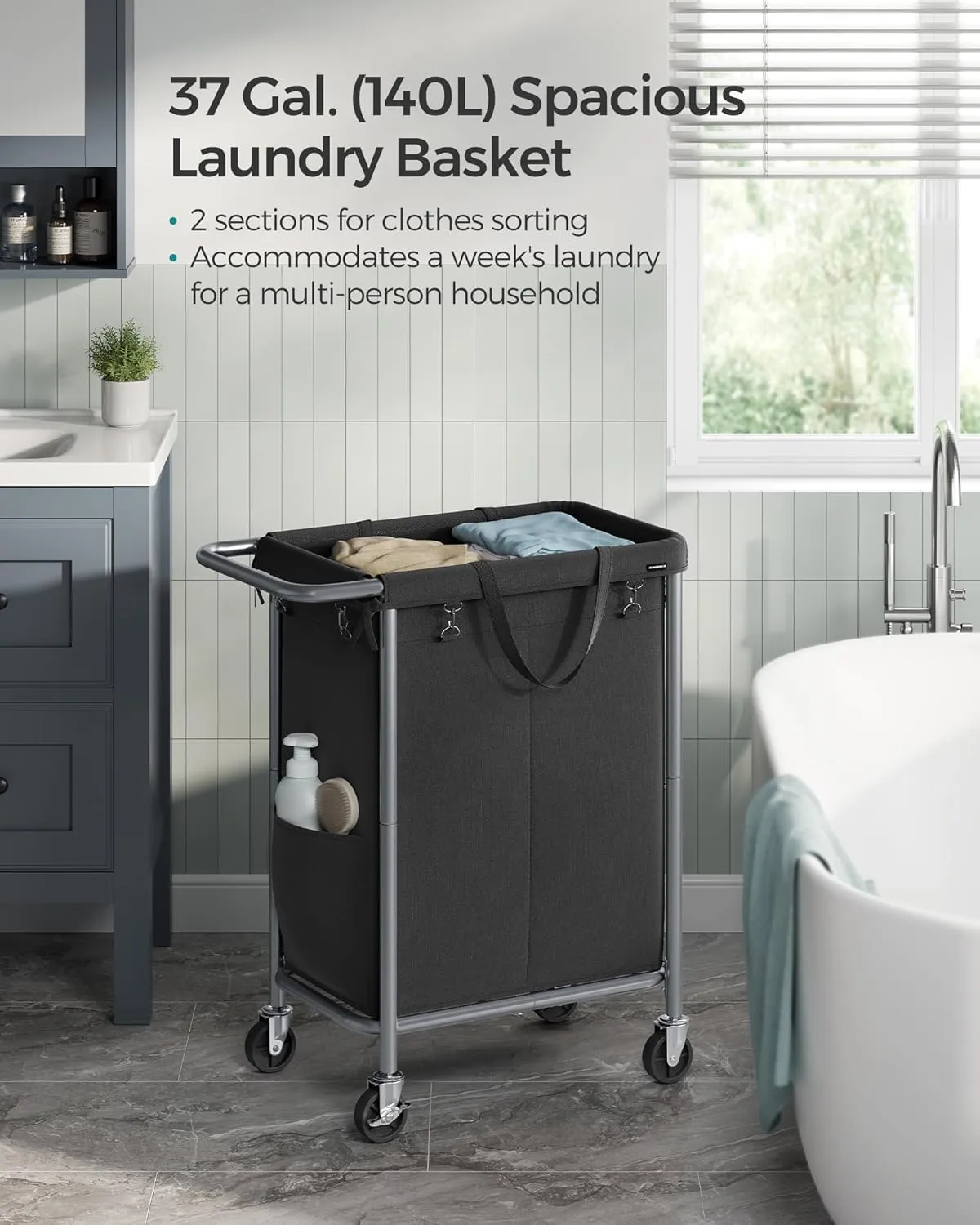 SONGMICS Laundry Basket with Wheels, 2-Section Rolling Laundry Hamper, 37 Gallons (140L), Removable Liner, Steel Frame with Handle, Blanket Storage, 27.2 x 15.4 x 31.9 Inches, Ink Black URLS004B01