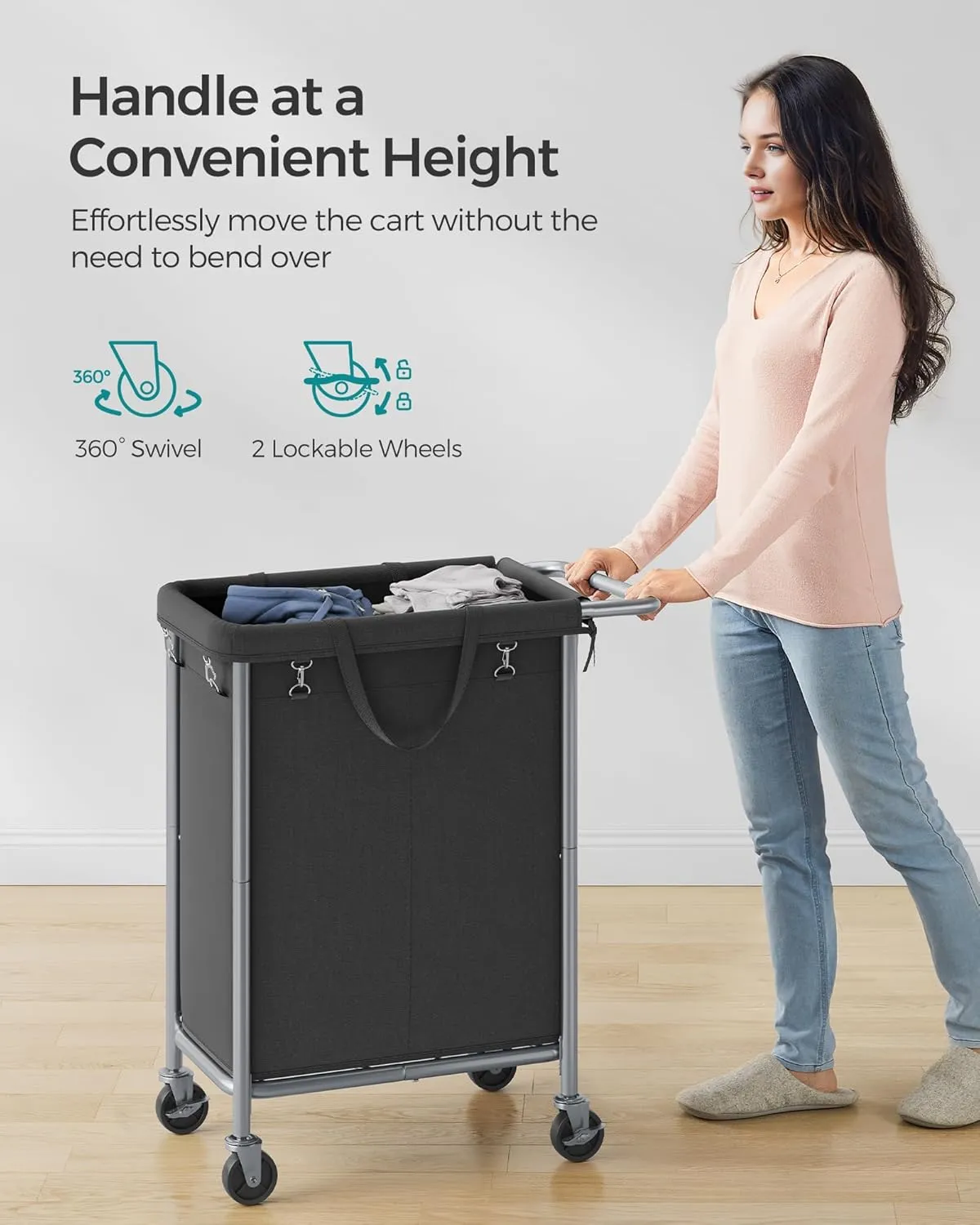 SONGMICS Laundry Basket with Wheels, 2-Section Rolling Laundry Hamper, 37 Gallons (140L), Removable Liner, Steel Frame with Handle, Blanket Storage, 27.2 x 15.4 x 31.9 Inches, Ink Black URLS004B01