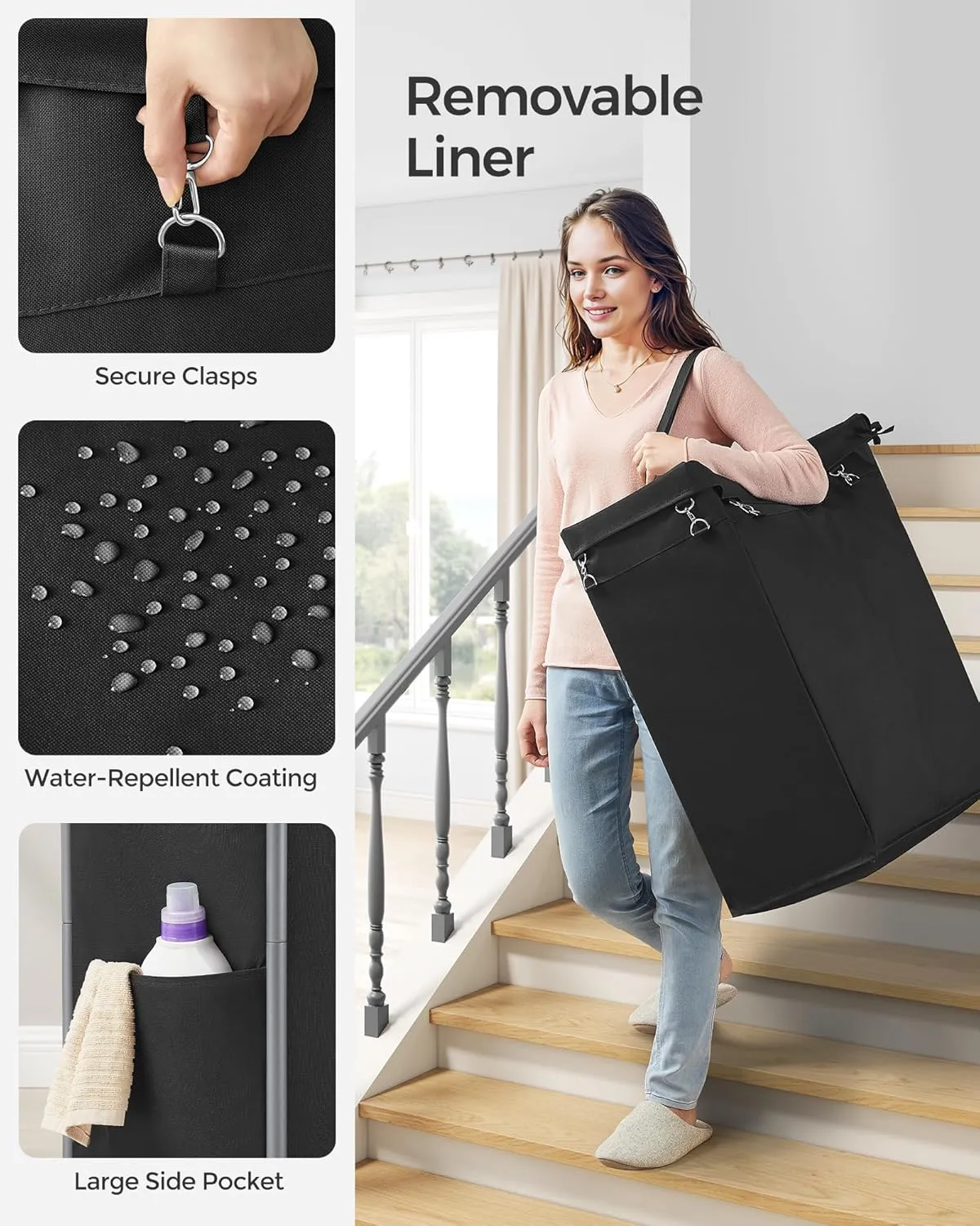 SONGMICS Laundry Basket with Wheels, 2-Section Rolling Laundry Hamper, 37 Gallons (140L), Removable Liner, Steel Frame with Handle, Blanket Storage, 27.2 x 15.4 x 31.9 Inches, Ink Black URLS004B01