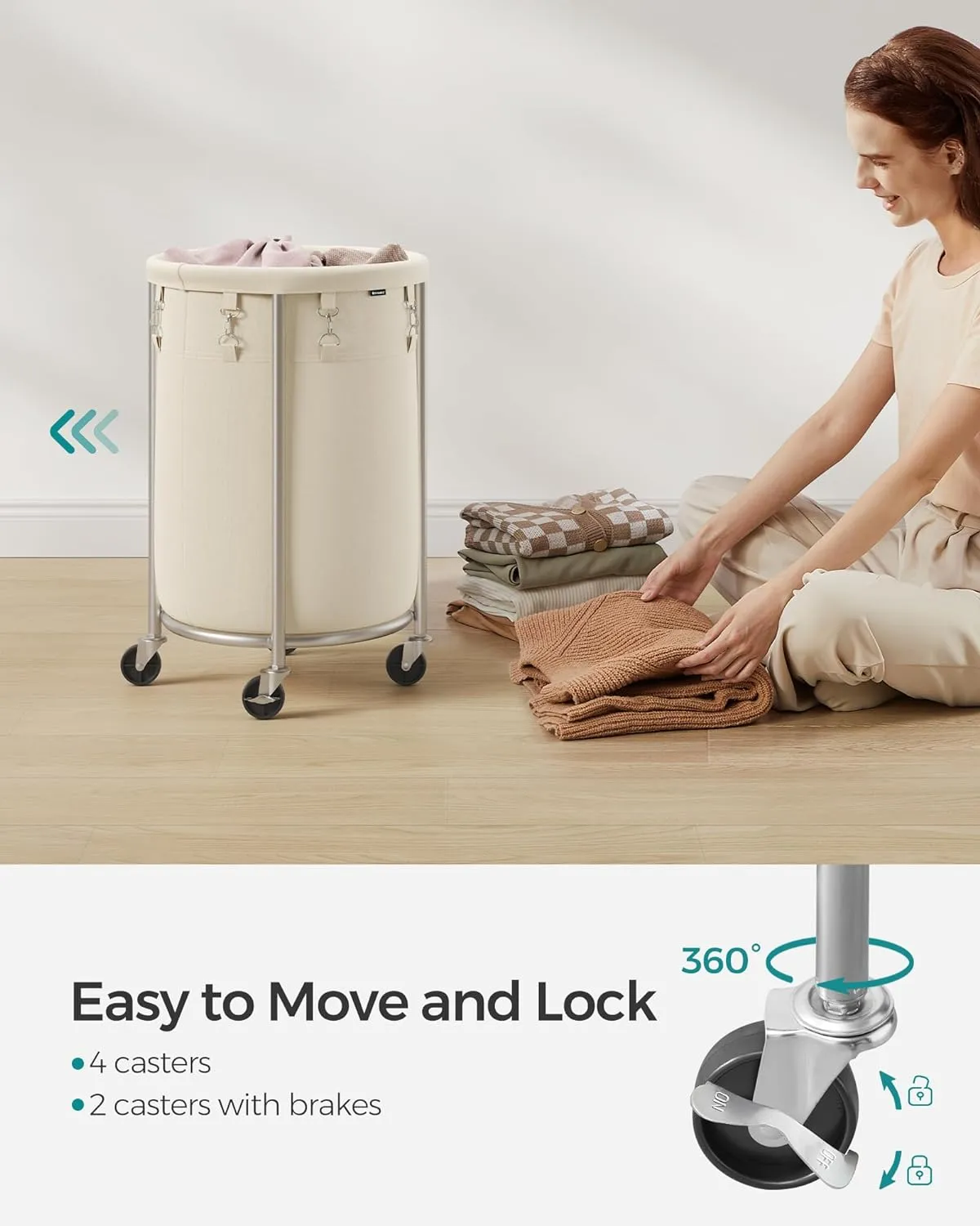 SONGMICS Laundry Basket with Wheels, Rolling Laundry Hamper, 18.5 Gal., Round Laundry Cart with Steel Frame and Removable Bag, 4 Casters and 2 Brakes, Cream and Silver URLS006W01