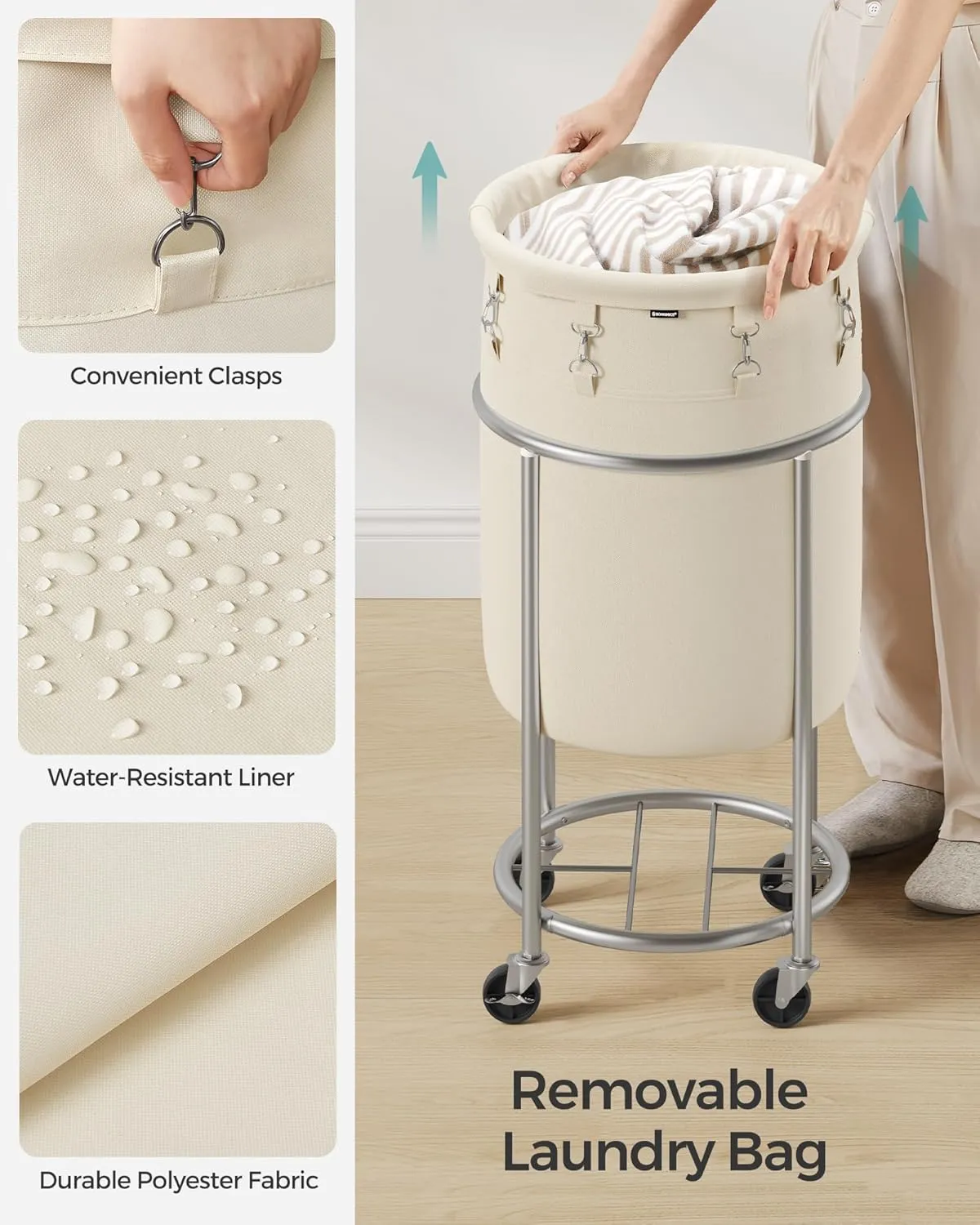 SONGMICS Laundry Basket with Wheels, Rolling Laundry Hamper, 18.5 Gal., Round Laundry Cart with Steel Frame and Removable Bag, 4 Casters and 2 Brakes, Cream and Silver URLS006W01