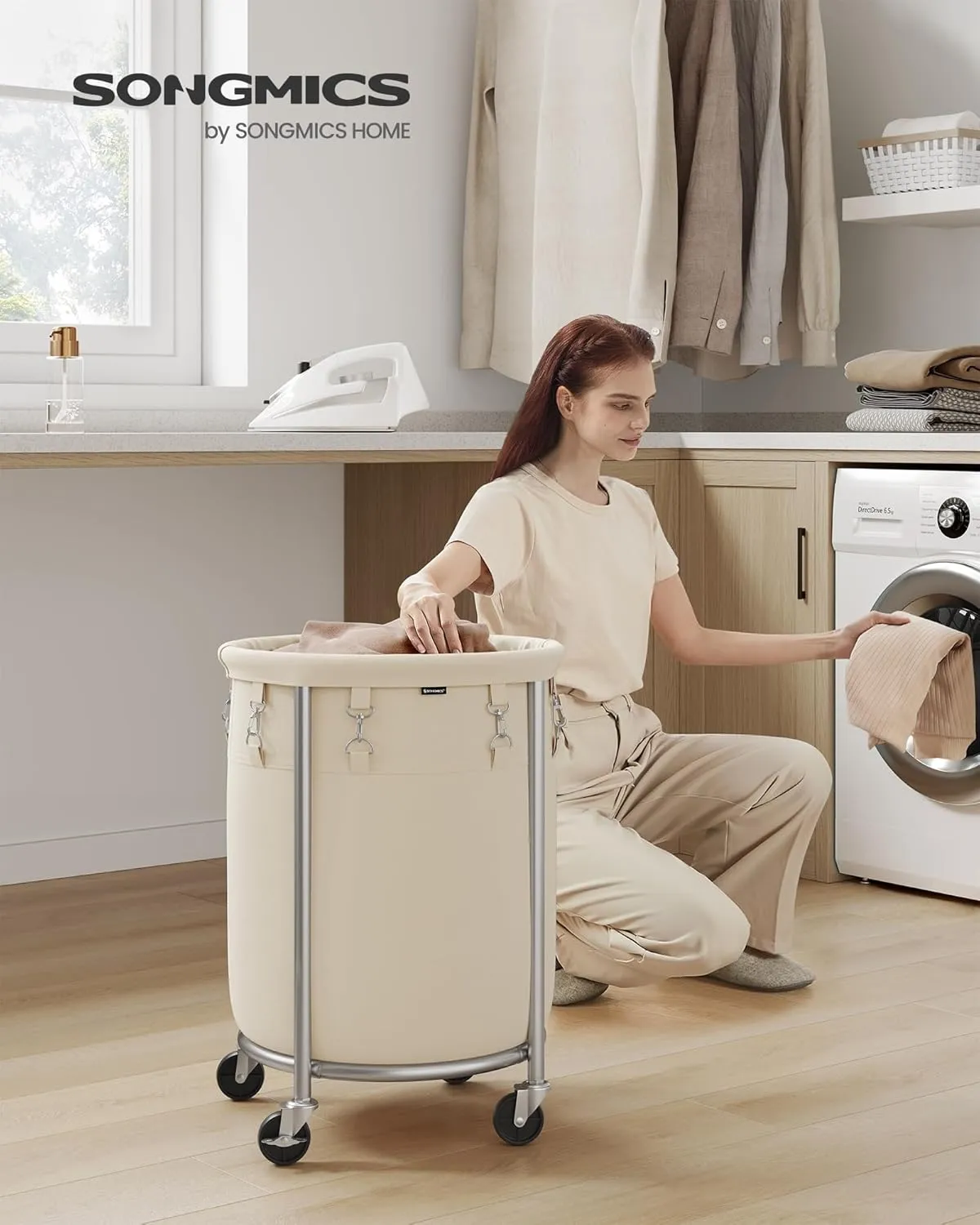 SONGMICS Laundry Basket with Wheels, Rolling Laundry Hamper, 18.5 Gal., Round Laundry Cart with Steel Frame and Removable Bag, 4 Casters and 2 Brakes, Cream and Silver URLS006W01