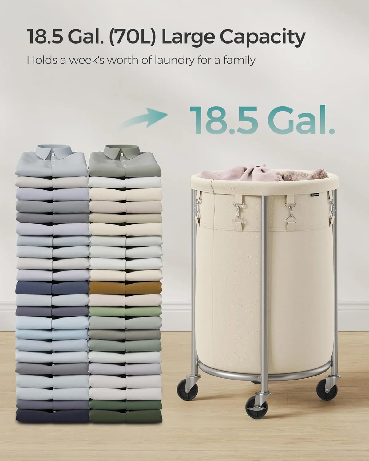 SONGMICS Laundry Basket with Wheels, Rolling Laundry Hamper, 18.5 Gal., Round Laundry Cart with Steel Frame and Removable Bag, 4 Casters and 2 Brakes, Cream and Silver URLS006W01