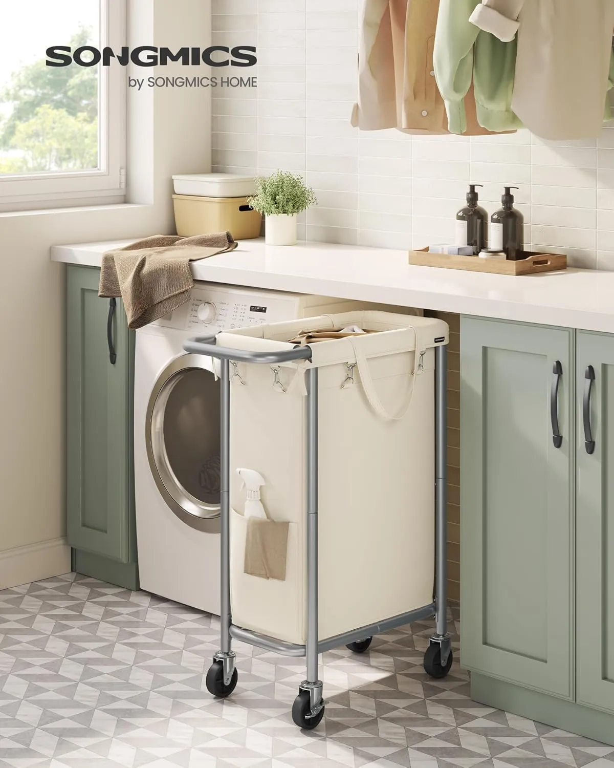 SONGMICS Laundry Basket with Wheels, Rolling Laundry Hamper, 23.8 Gallons (90L), Removable Liner, Steel Frame with Handle, Blanket Storage, 24 x 11.4 x 31.9 Inches, Cream White URLS003W01