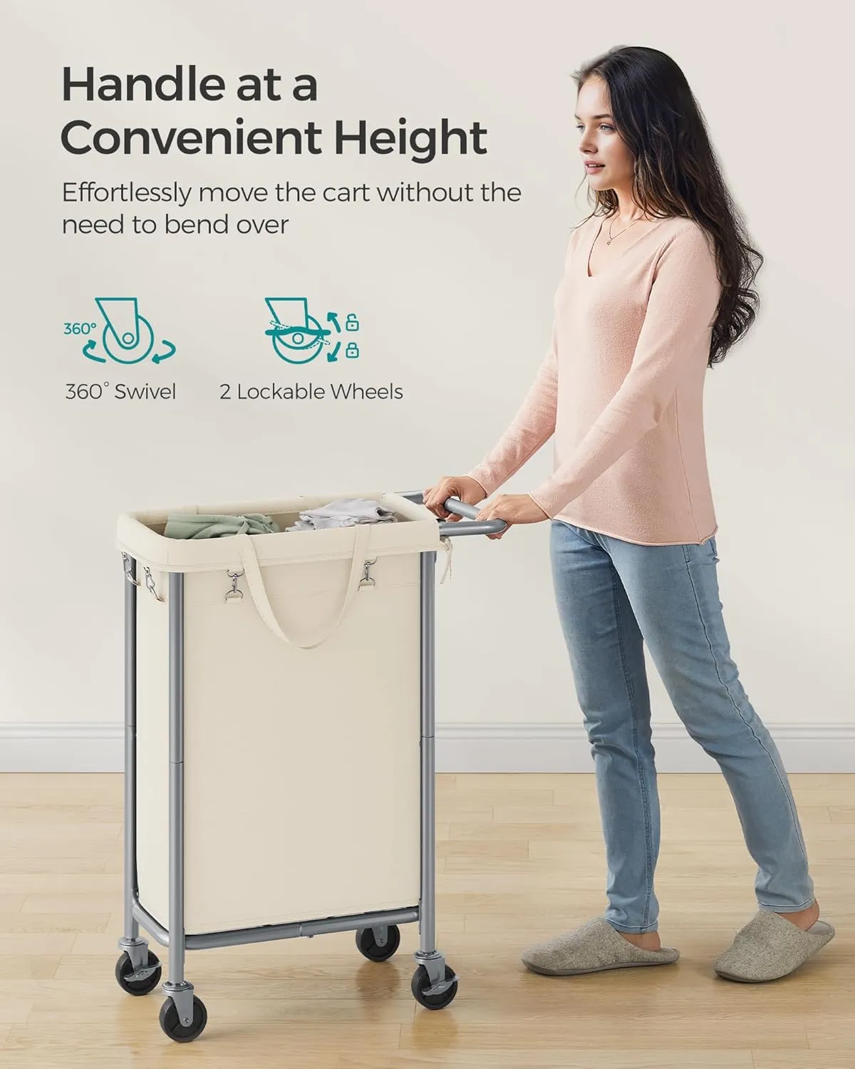SONGMICS Laundry Basket with Wheels, Rolling Laundry Hamper, 23.8 Gallons (90L), Removable Liner, Steel Frame with Handle, Blanket Storage, 24 x 11.4 x 31.9 Inches, Cream White URLS003W01