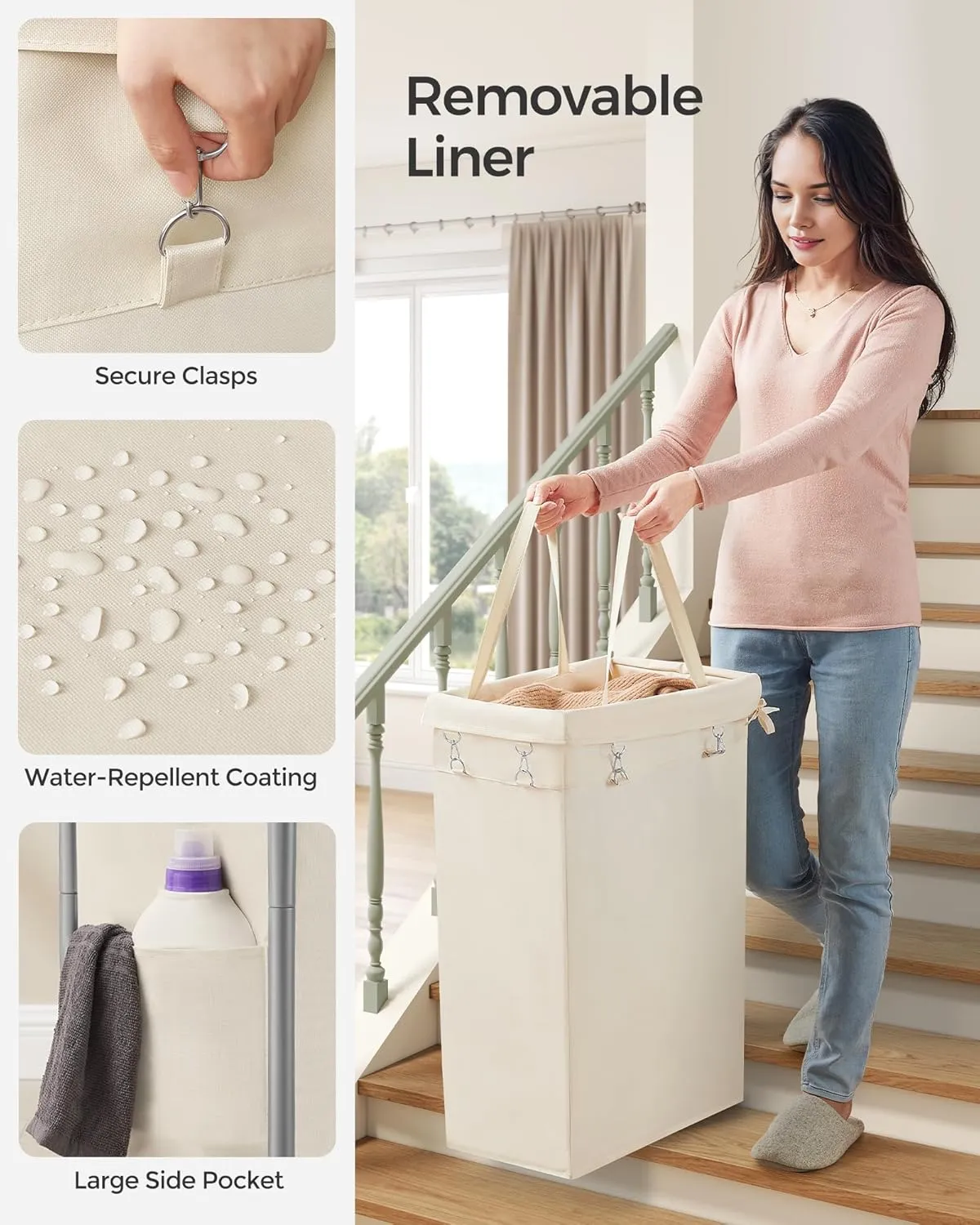SONGMICS Laundry Basket with Wheels, Rolling Laundry Hamper, 23.8 Gallons (90L), Removable Liner, Steel Frame with Handle, Blanket Storage, 24 x 11.4 x 31.9 Inches, Cream White URLS003W01