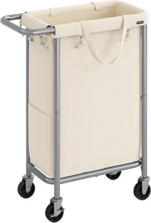 SONGMICS Laundry Basket with Wheels, Rolling Laundry Hamper, 23.8 Gallons (90L), Removable Liner, Steel Frame with Handle, Blanket Storage, 24 x 11.4 x 31.9 Inches, Cream White URLS003W01