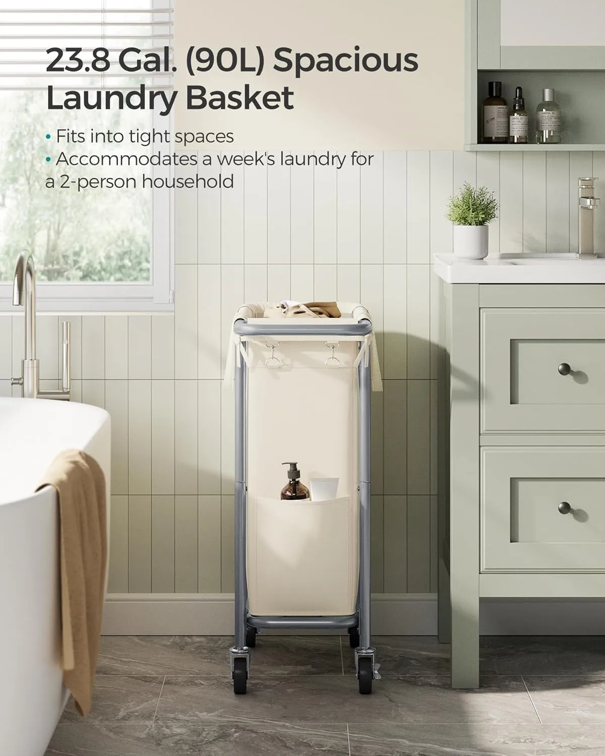 SONGMICS Laundry Basket with Wheels, Rolling Laundry Hamper, 23.8 Gallons (90L), Removable Liner, Steel Frame with Handle, Blanket Storage, 24 x 11.4 x 31.9 Inches, Cream White URLS003W01
