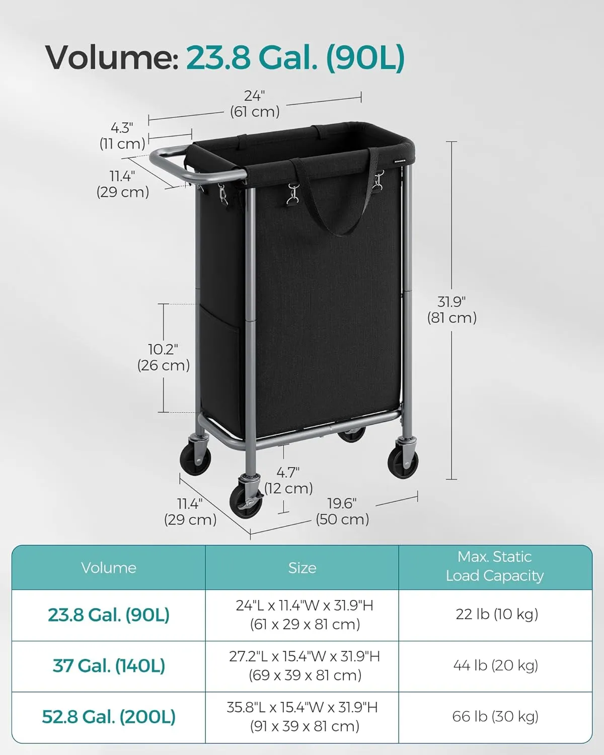 SONGMICS Laundry Basket with Wheels, Rolling Laundry Hamper, 23.8 Gallons (90L), Removable Liner, Steel Frame with Handle, Blanket Storage, 24 x 11.4 x 31.9 Inches, Ink Black URLS003B01