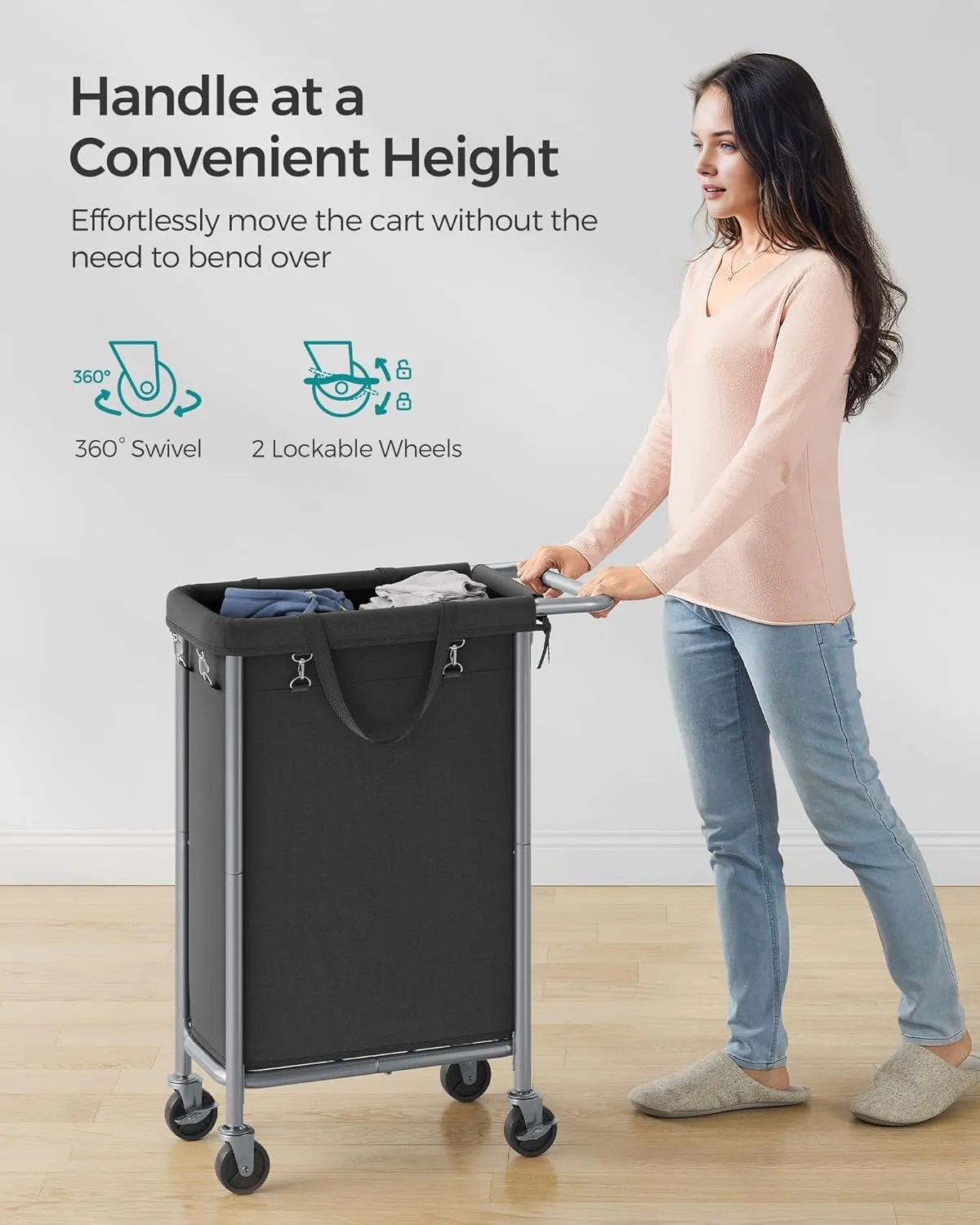 SONGMICS Laundry Basket with Wheels, Rolling Laundry Hamper, 23.8 Gallons (90L), Removable Liner, Steel Frame with Handle, Blanket Storage, 24 x 11.4 x 31.9 Inches, Ink Black URLS003B01