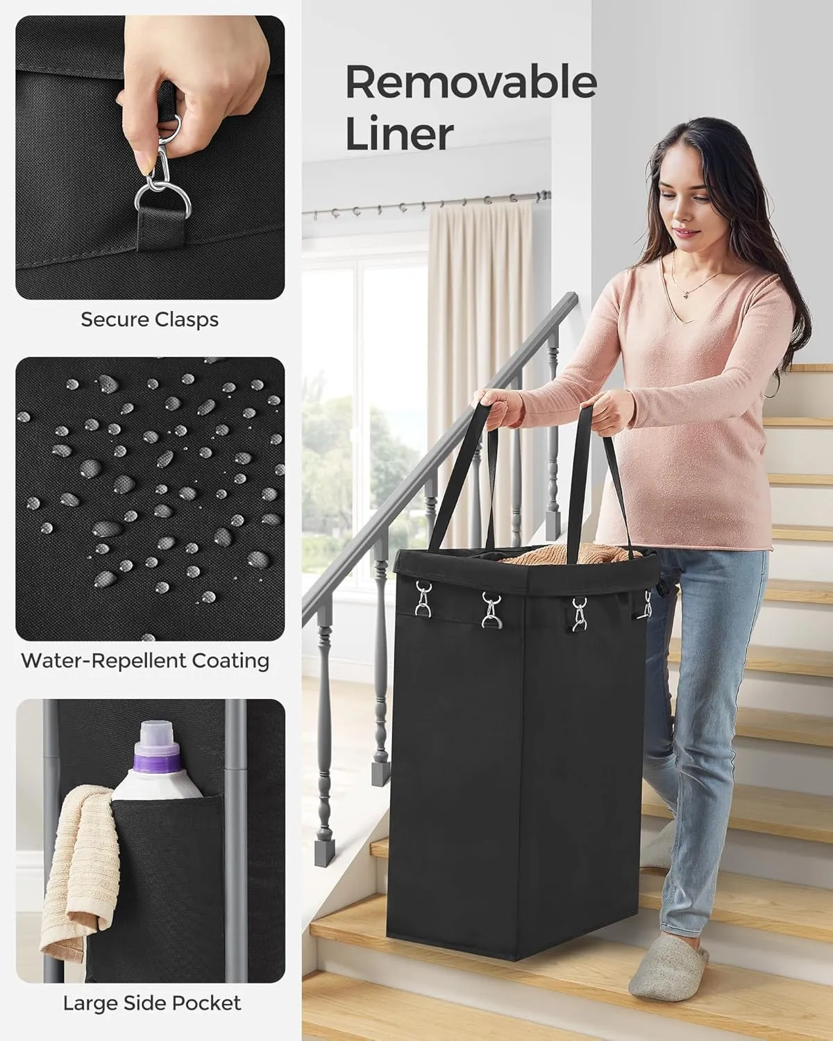 SONGMICS Laundry Basket with Wheels, Rolling Laundry Hamper, 23.8 Gallons (90L), Removable Liner, Steel Frame with Handle, Blanket Storage, 24 x 11.4 x 31.9 Inches, Ink Black URLS003B01
