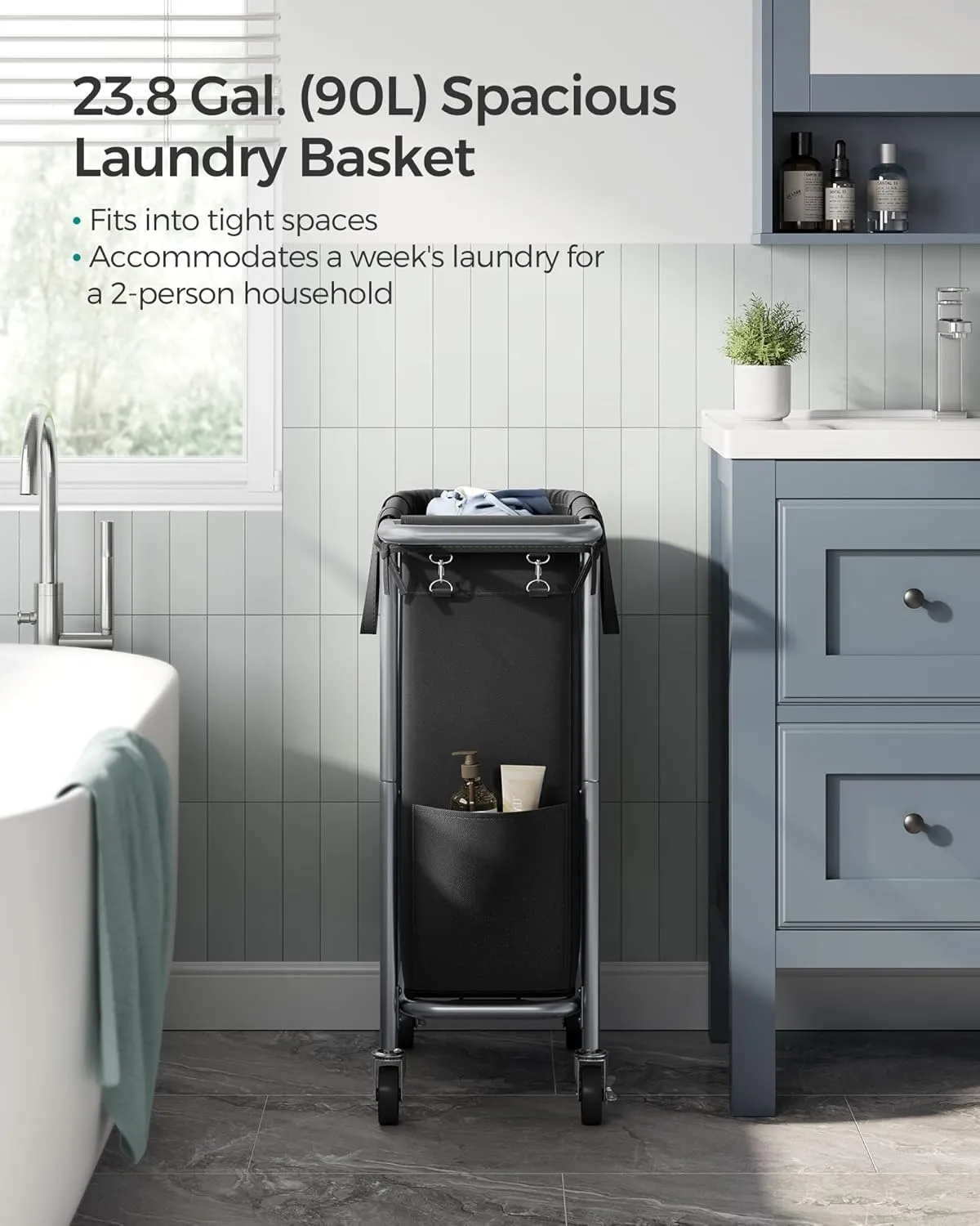 SONGMICS Laundry Basket with Wheels, Rolling Laundry Hamper, 23.8 Gallons (90L), Removable Liner, Steel Frame with Handle, Blanket Storage, 24 x 11.4 x 31.9 Inches, Ink Black URLS003B01