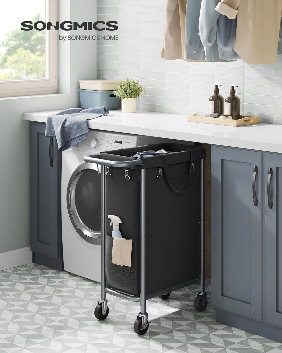 SONGMICS Laundry Basket with Wheels, Rolling Laundry Hamper, 23.8 Gallons (90L), Removable Liner, Steel Frame with Handle, Blanket Storage, 24 x 11.4 x 31.9 Inches, Ink Black URLS003B01