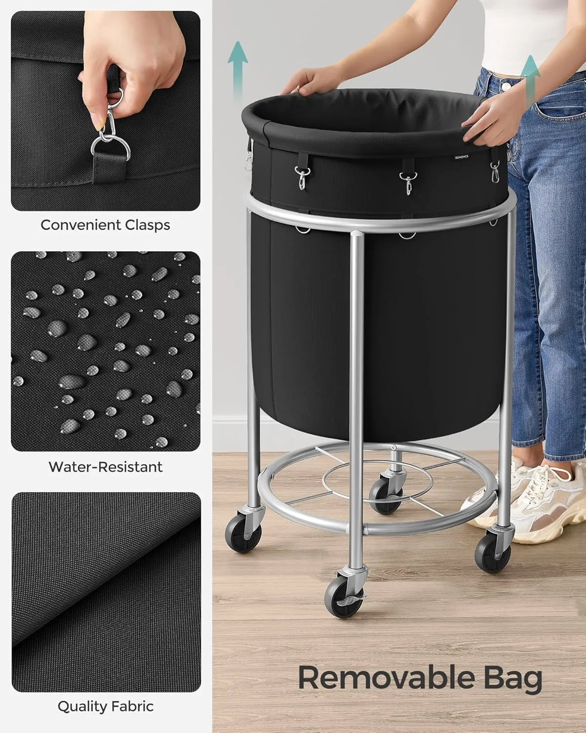 SONGMICS Laundry Basket with Wheels, Rolling Laundry Hamper, 29 Gal., Round Laundry Cart with Steel Frame and Removable Bag, 4 Casters and 2 Brakes, Black and Silver URLS002B01