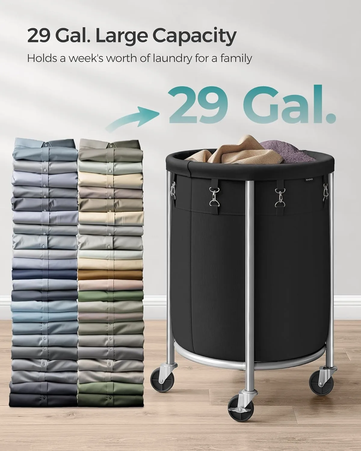 SONGMICS Laundry Basket with Wheels, Rolling Laundry Hamper, 29 Gal., Round Laundry Cart with Steel Frame and Removable Bag, 4 Casters and 2 Brakes, Black and Silver URLS002B01