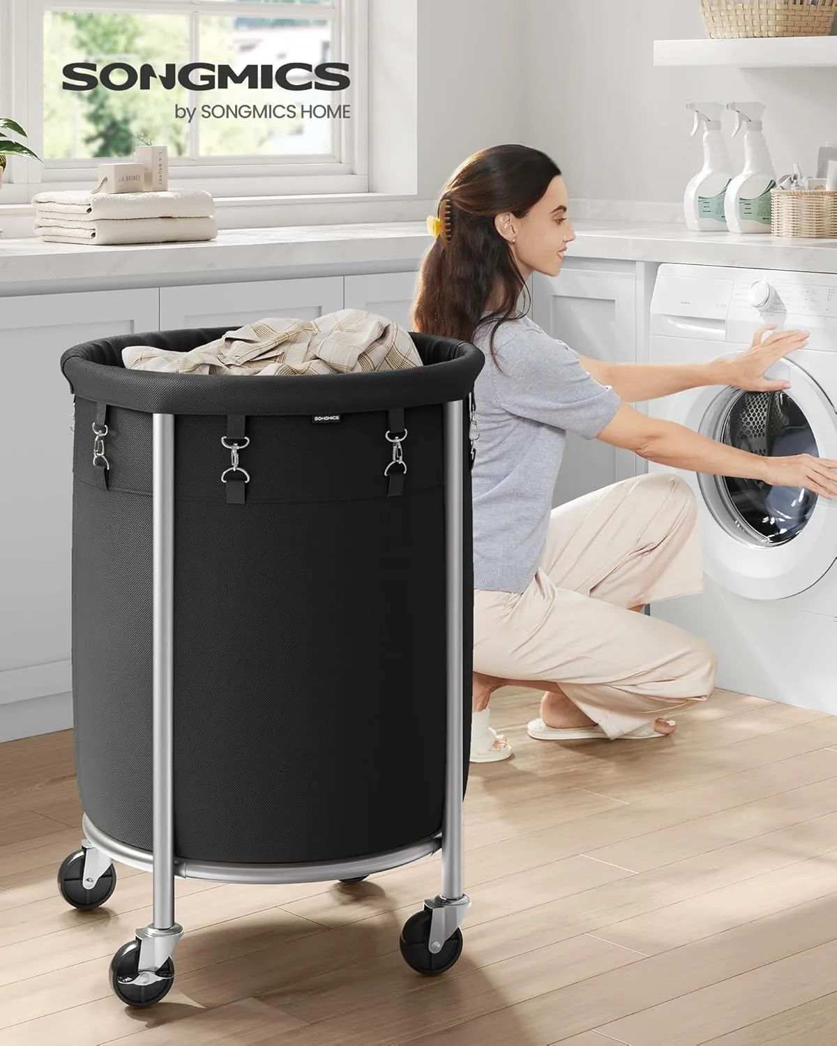 SONGMICS Laundry Basket with Wheels, Rolling Laundry Hamper, 29 Gal., Round Laundry Cart with Steel Frame and Removable Bag, 4 Casters and 2 Brakes, Black and Silver URLS002B01