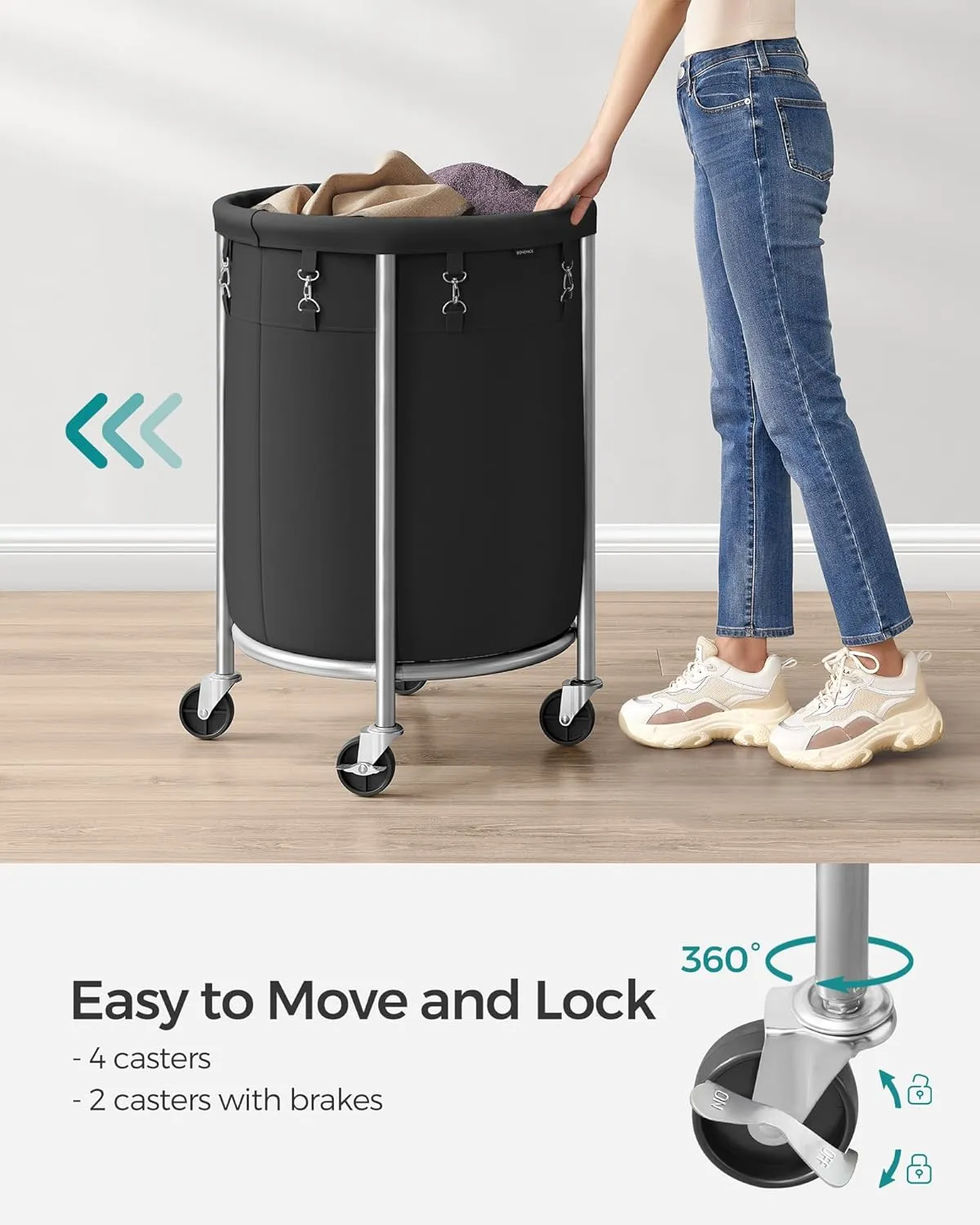 SONGMICS Laundry Basket with Wheels, Rolling Laundry Hamper, 29 Gal., Round Laundry Cart with Steel Frame and Removable Bag, 4 Casters and 2 Brakes, Black and Silver URLS002B01