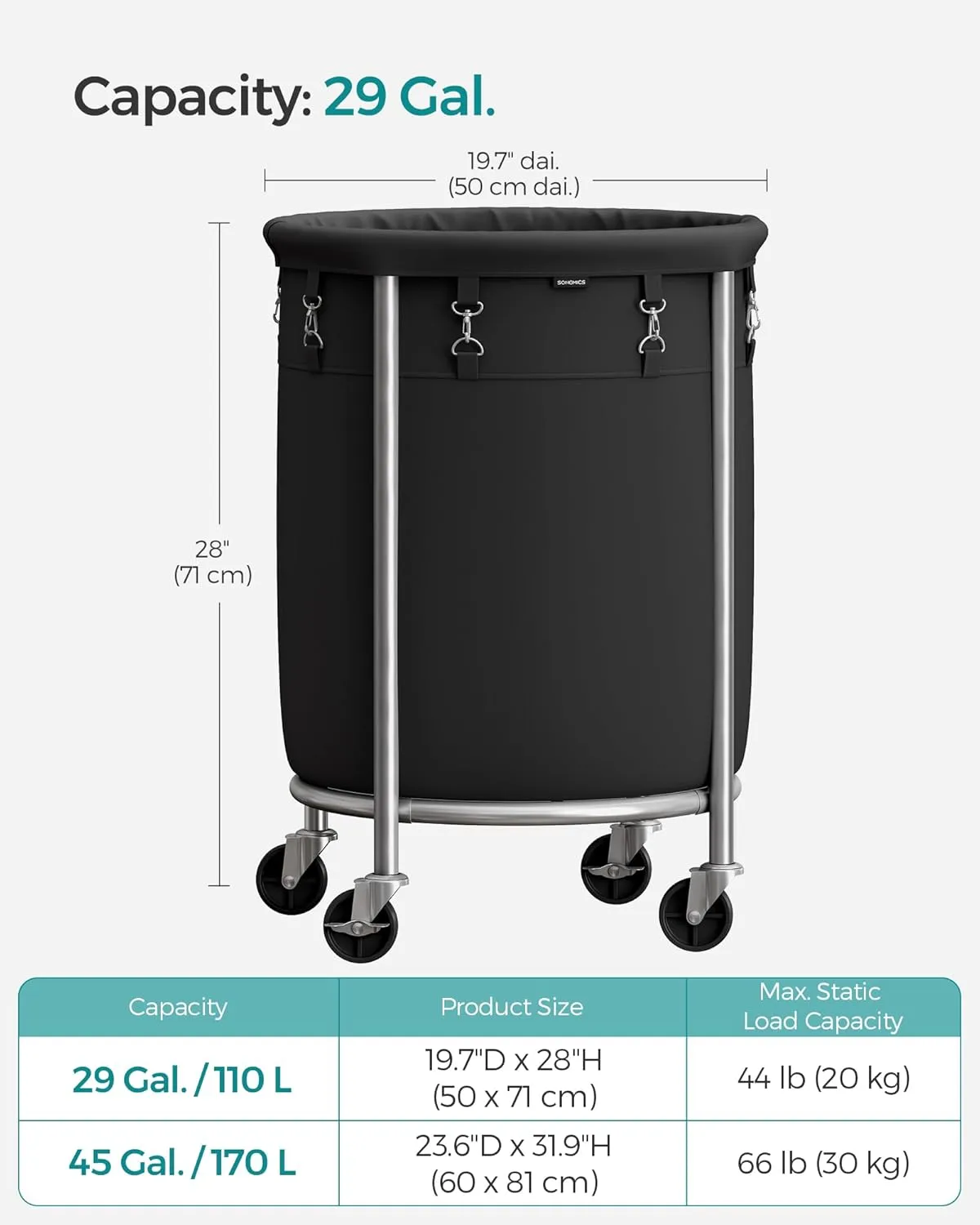 SONGMICS Laundry Basket with Wheels, Rolling Laundry Hamper, 29 Gal., Round Laundry Cart with Steel Frame and Removable Bag, 4 Casters and 2 Brakes, Black and Silver URLS002B01