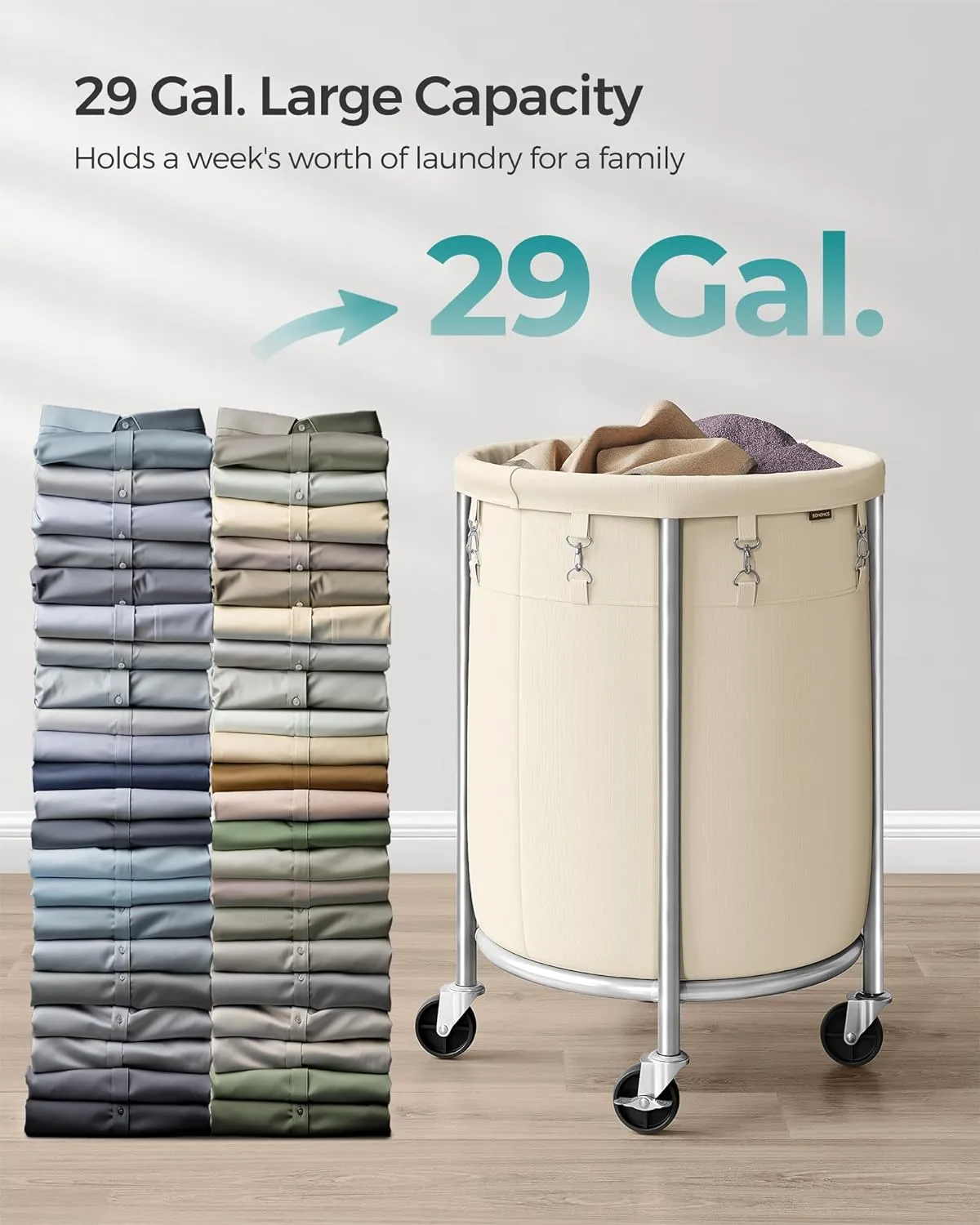 SONGMICS Laundry Basket with Wheels, Rolling Laundry Hamper, 29 Gal., Round Laundry Cart with Steel Frame and Removable Bag, 4 Casters and 2 Brakes, Cream and Silver URLS002W01