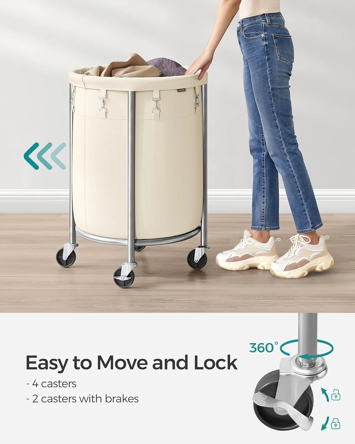 SONGMICS Laundry Basket with Wheels, Rolling Laundry Hamper, 29 Gal., Round Laundry Cart with Steel Frame and Removable Bag, 4 Casters and 2 Brakes, Cream and Silver URLS002W01