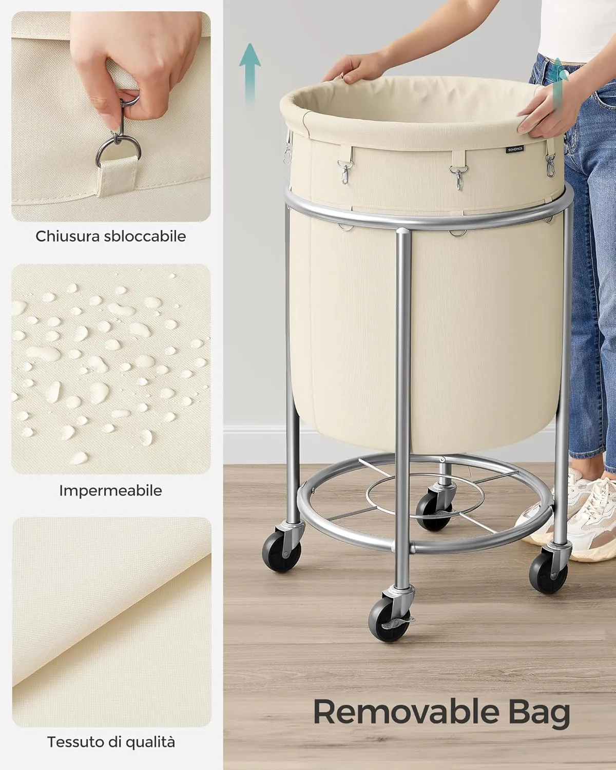 SONGMICS Laundry Basket with Wheels, Rolling Laundry Hamper, 29 Gal., Round Laundry Cart with Steel Frame and Removable Bag, 4 Casters and 2 Brakes, Cream and Silver URLS002W01