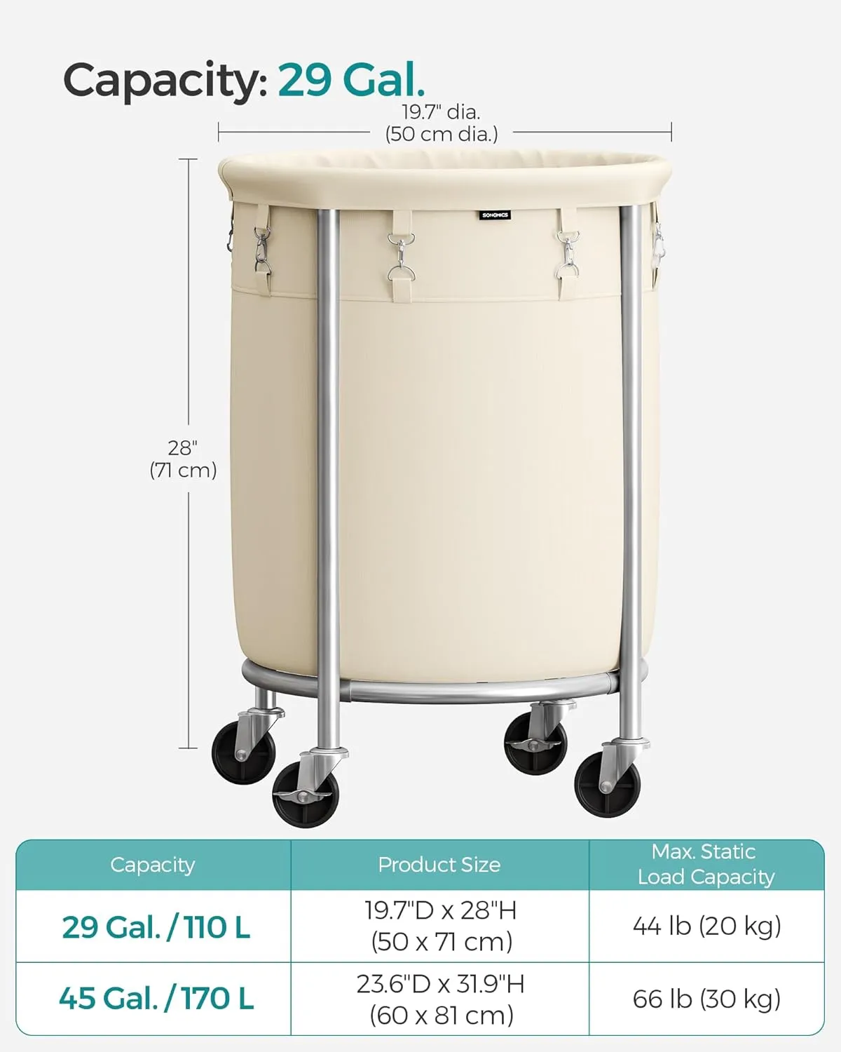 SONGMICS Laundry Basket with Wheels, Rolling Laundry Hamper, 29 Gal., Round Laundry Cart with Steel Frame and Removable Bag, 4 Casters and 2 Brakes, Cream and Silver URLS002W01