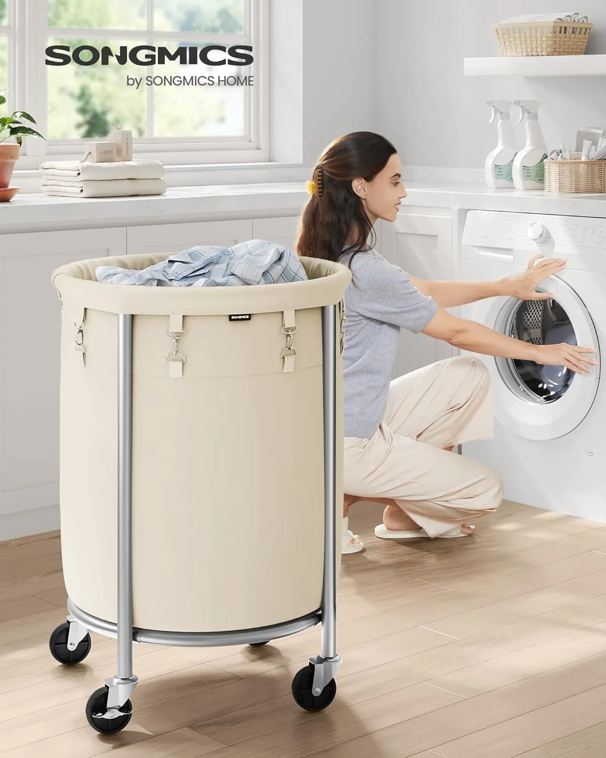 SONGMICS Laundry Basket with Wheels, Rolling Laundry Hamper, 29 Gal., Round Laundry Cart with Steel Frame and Removable Bag, 4 Casters and 2 Brakes, Cream and Silver URLS002W01
