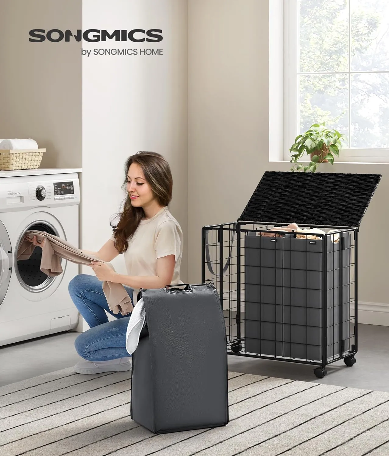 SONGMICS Laundry Hamper, 130L Laundry Basket with Lid, Clothes Hamper with Wheels, Collapsible Removable Liner Bag, Iron-Made Laundry Sorter, Ink Black and Slate Gray ULCB313B11