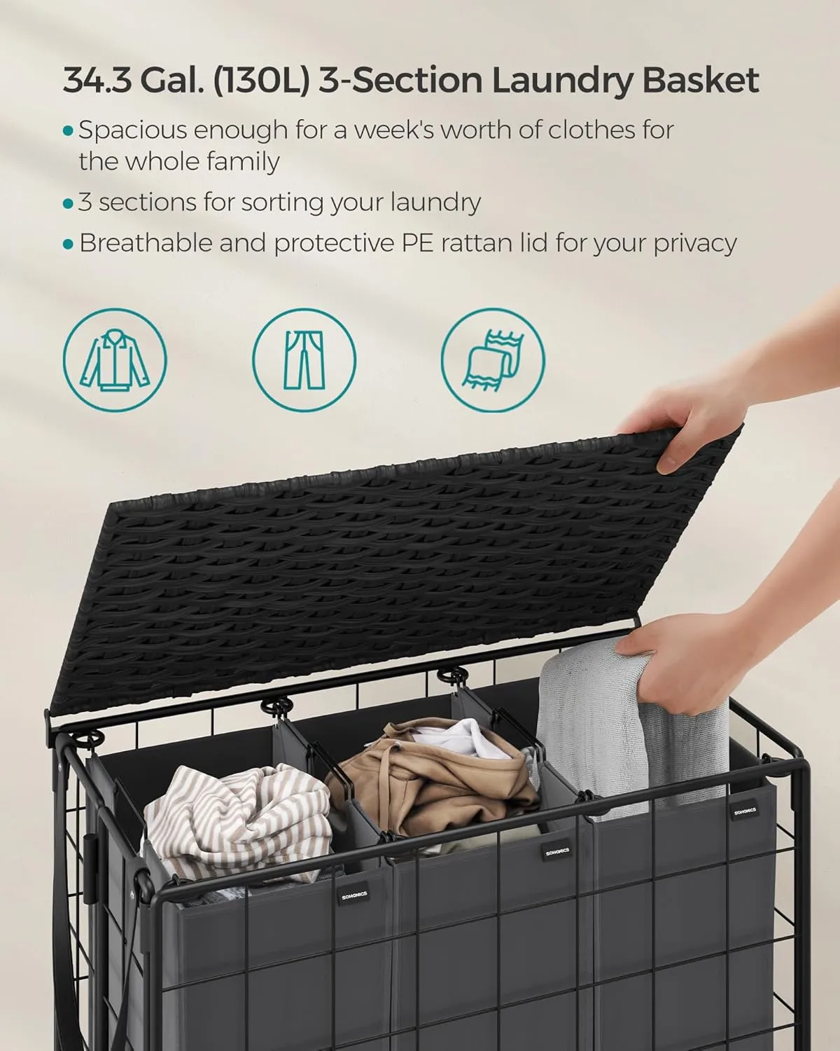 SONGMICS Laundry Hamper, 130L Laundry Basket with Lid, Clothes Hamper with Wheels, Collapsible Removable Liner Bag, Iron-Made Laundry Sorter, Ink Black and Slate Gray ULCB313B11