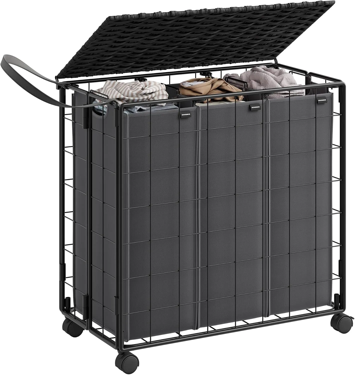 SONGMICS Laundry Hamper, 130L Laundry Basket with Lid, Clothes Hamper with Wheels, Collapsible Removable Liner Bag, Iron-Made Laundry Sorter, Ink Black and Slate Gray ULCB313B11