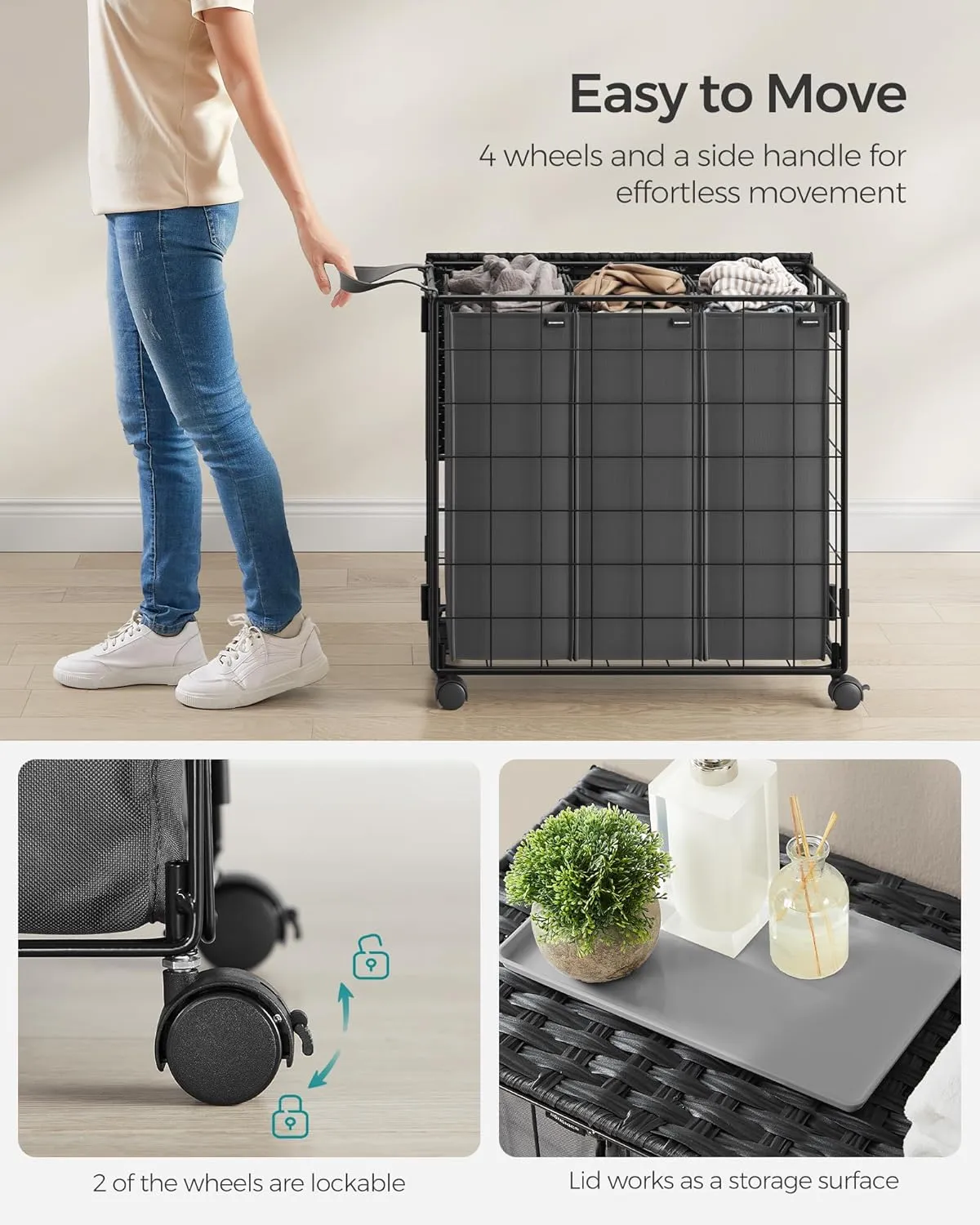 SONGMICS Laundry Hamper, 130L Laundry Basket with Lid, Clothes Hamper with Wheels, Collapsible Removable Liner Bag, Iron-Made Laundry Sorter, Ink Black and Slate Gray ULCB313B11