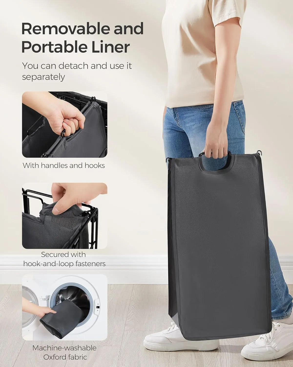 SONGMICS Laundry Hamper, 130L Laundry Basket with Lid, Clothes Hamper with Wheels, Collapsible Removable Liner Bag, Iron-Made Laundry Sorter, Ink Black and Slate Gray ULCB313B11