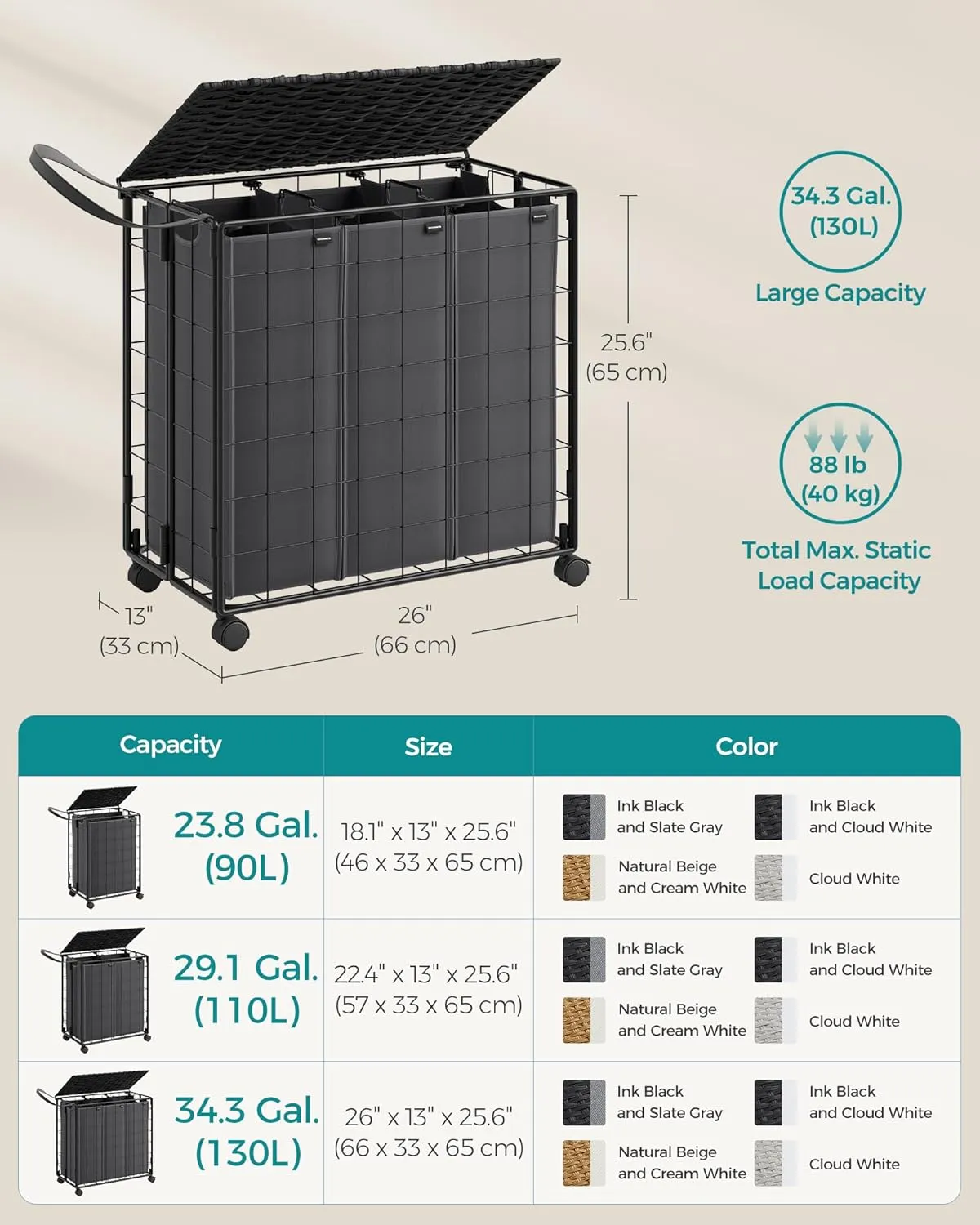 SONGMICS Laundry Hamper, 130L Laundry Basket with Lid, Clothes Hamper with Wheels, Collapsible Removable Liner Bag, Iron-Made Laundry Sorter, Ink Black and Slate Gray ULCB313B11