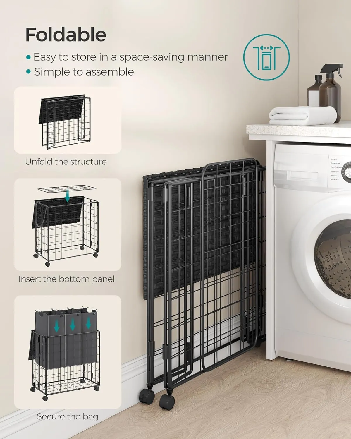 SONGMICS Laundry Hamper, 130L Laundry Basket with Lid, Clothes Hamper with Wheels, Collapsible Removable Liner Bag, Iron-Made Laundry Sorter, Ink Black and Slate Gray ULCB313B11
