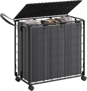 SONGMICS Laundry Hamper, 130L Laundry Basket with Lid, Clothes Hamper with Wheels, Collapsible Removable Liner Bag, Iron-Made Laundry Sorter, Ink Black and Slate Gray ULCB313B11