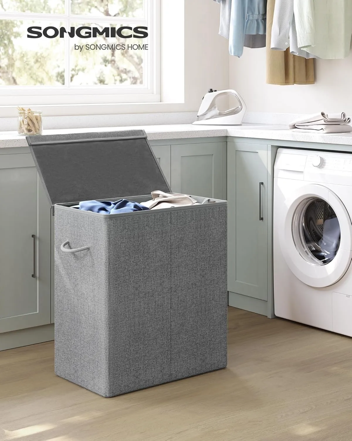 SONGMICS Sturdy Double Laundry Hamper with Lid, Removable Fabric Bag, 142L Large Clothes Hamper 2 Section, Laundry Basket with Handles for Closet, Laundry Room, Bedroom, Bathroom, Gray ULCB02G