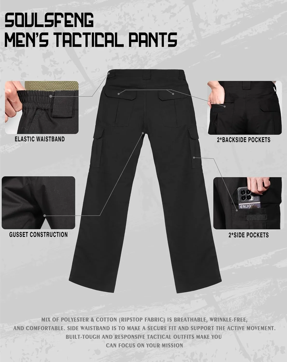 Soulsfeng Men's Tactical Pants Water Resistant Cargo Pants Outdoor Work Hiking Pants