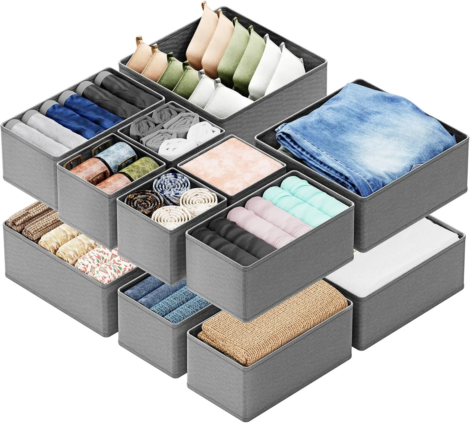 SpaceAid Drawer Organizer Clothes, 12 Pack Dresser Organizer Bins for Nursery, Closet Organization and Storage Dividers for Clothing, Baby Clothes, Underwears, Socks (Grey)
