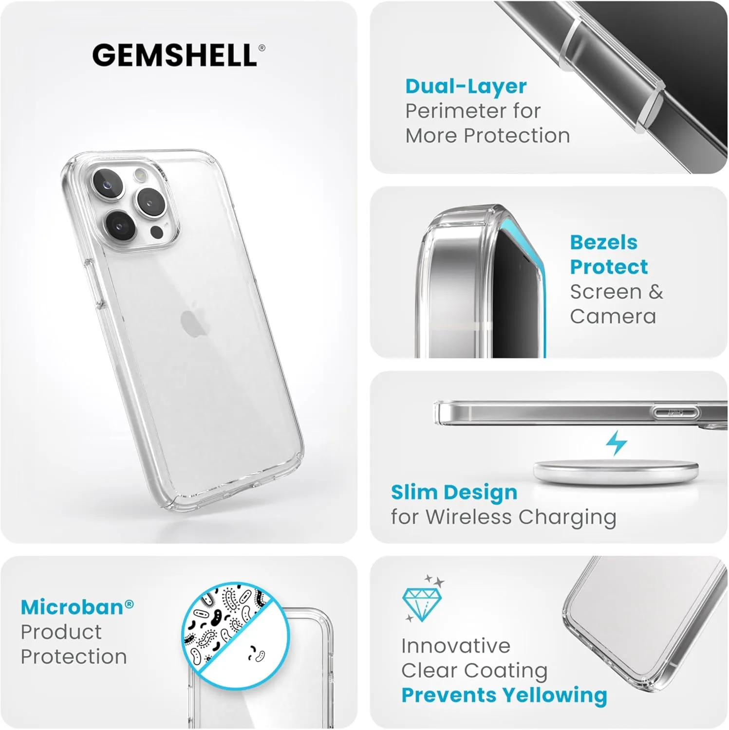 Speck Clear iPhone 15 Pro Max Case - Slim, Drop Protection - Scratch Resistant, Anti-Yellowing, 6.7 Inch Phone Case - GemShell Clear