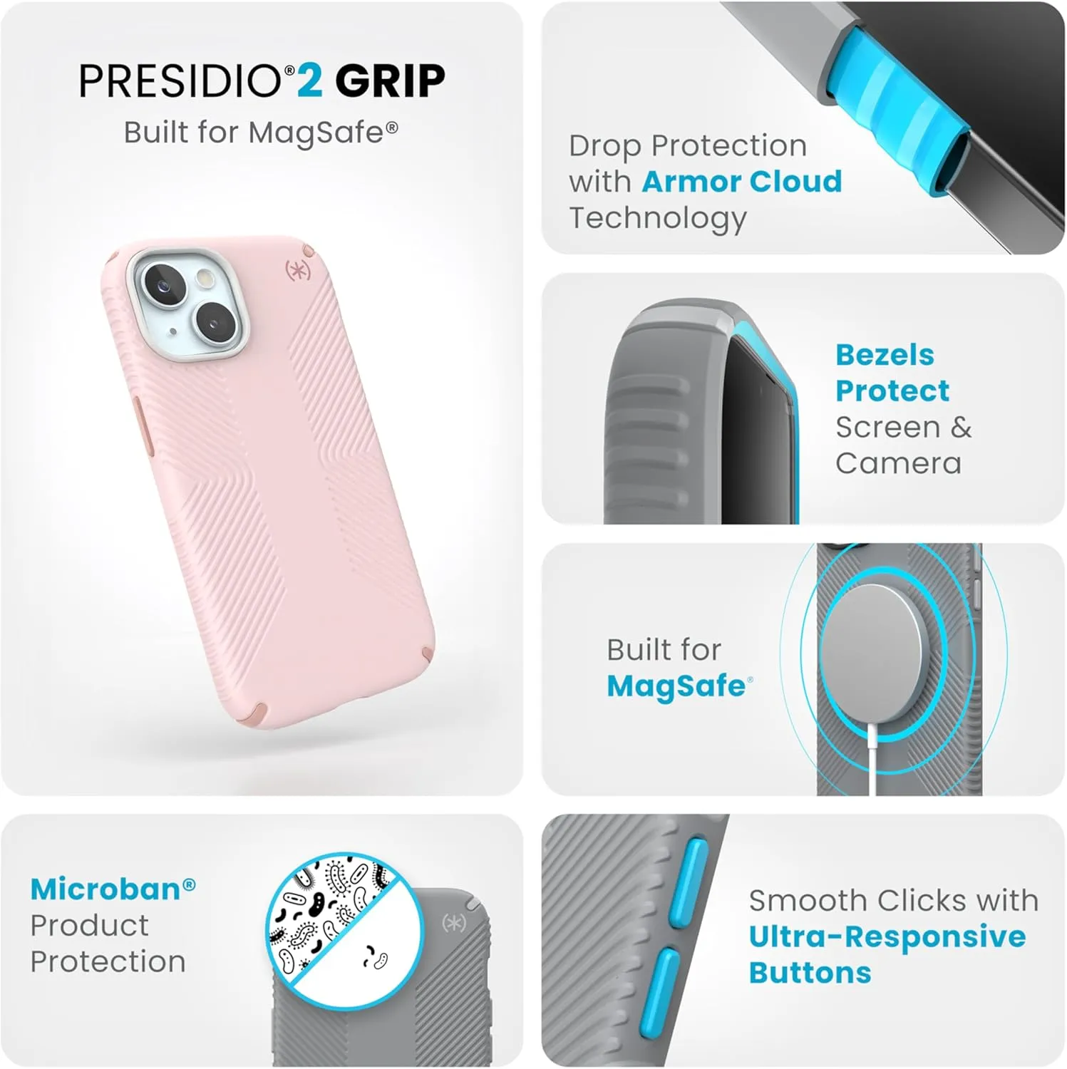 Speck iPhone 15 Case MagSafe - iPhone 16e Case - Slim Phone Case iPhone 15-6.1 inch - Compatible with iPhone 14 and 13 Case MagSafe - Presidio2 Grip Nimbus Pink/Dahlia Pink